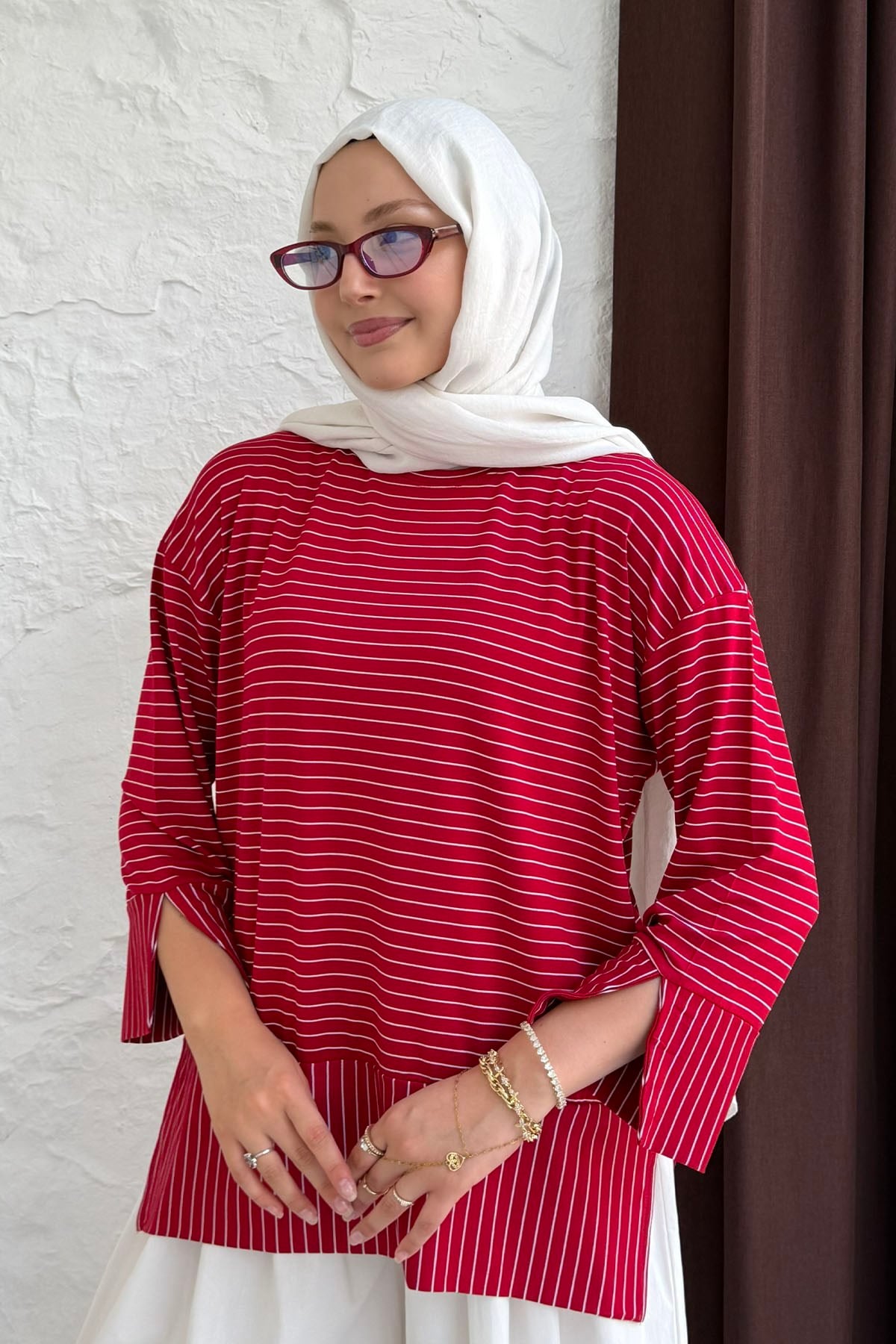 Çizgili Bisiklet Yaka Oversize Sweatshirt-KIRMIZI