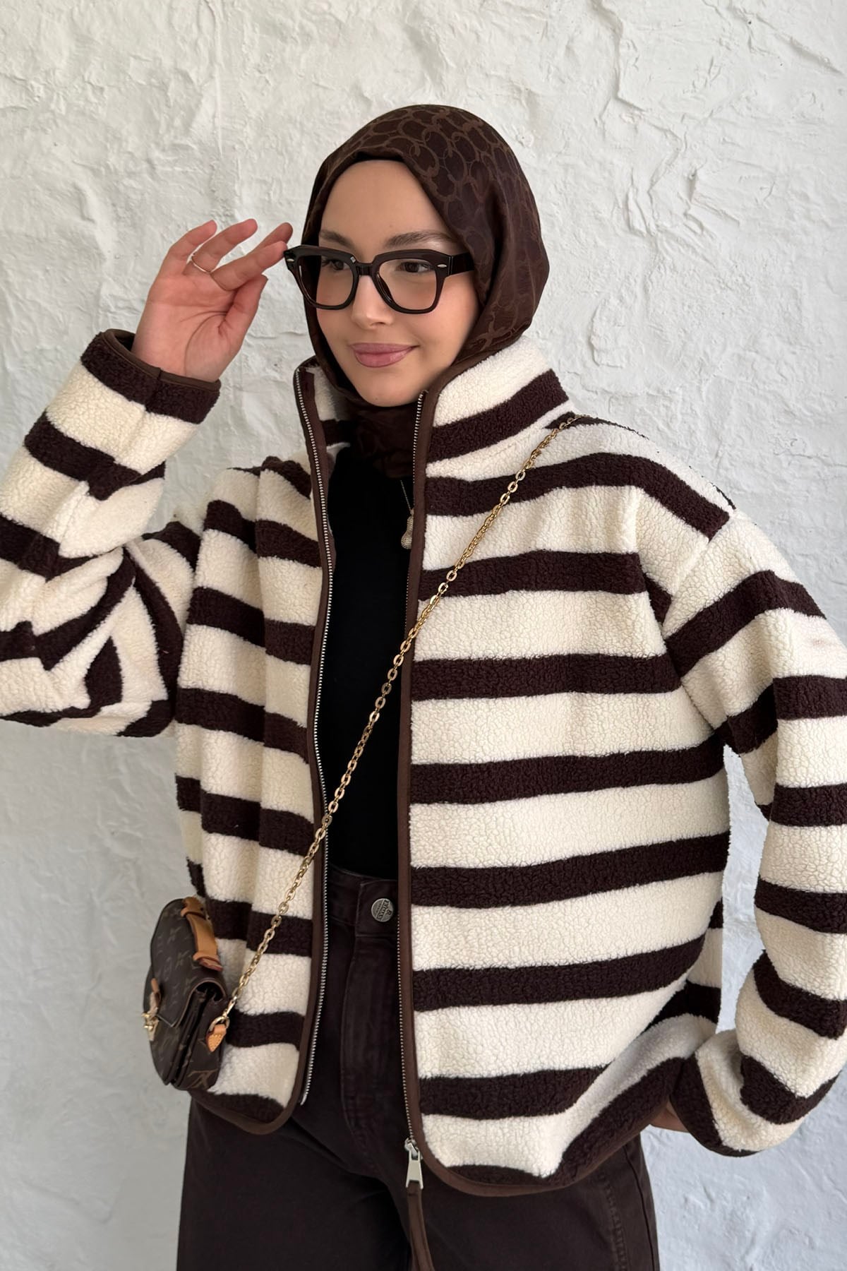 Çizgili Fermuarlı Polar Sweatshirt-ACI KAHVE