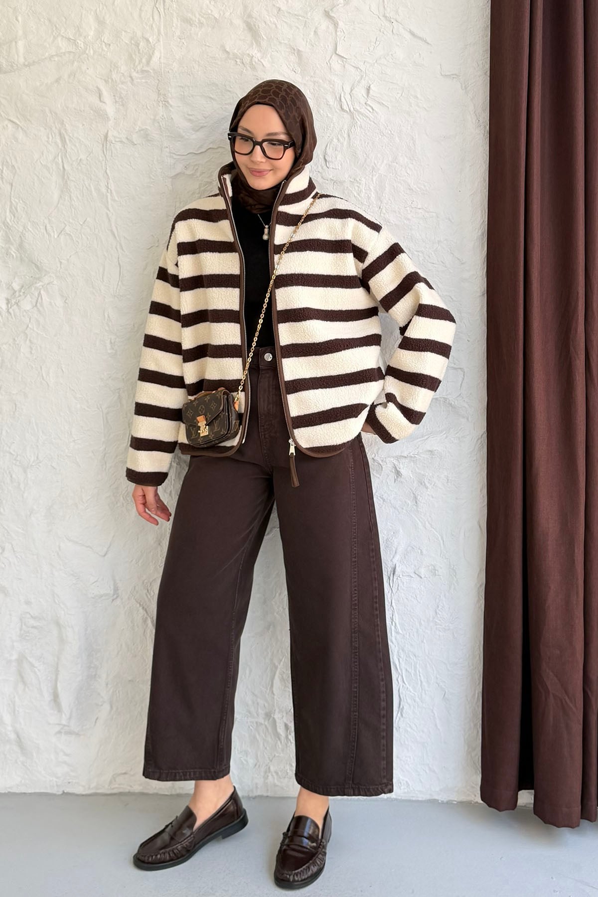 Çizgili Fermuarlı Polar Sweatshirt-ACI KAHVE