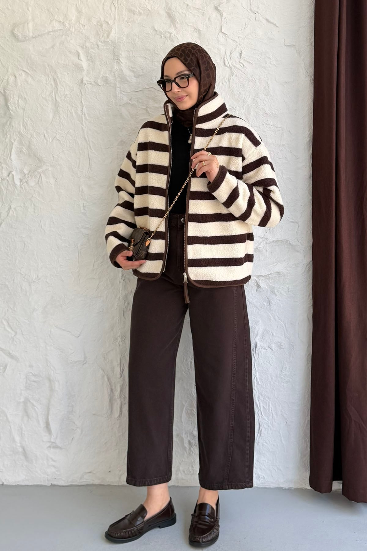 Çizgili Fermuarlı Polar Sweatshirt-ACI KAHVE