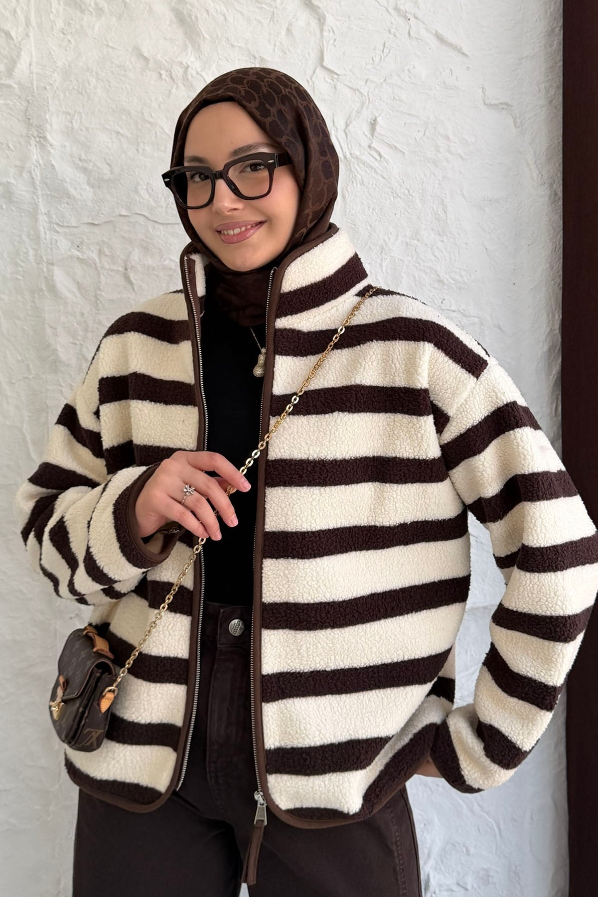 Çizgili Fermuarlı Polar Sweatshirt-ACI KAHVE