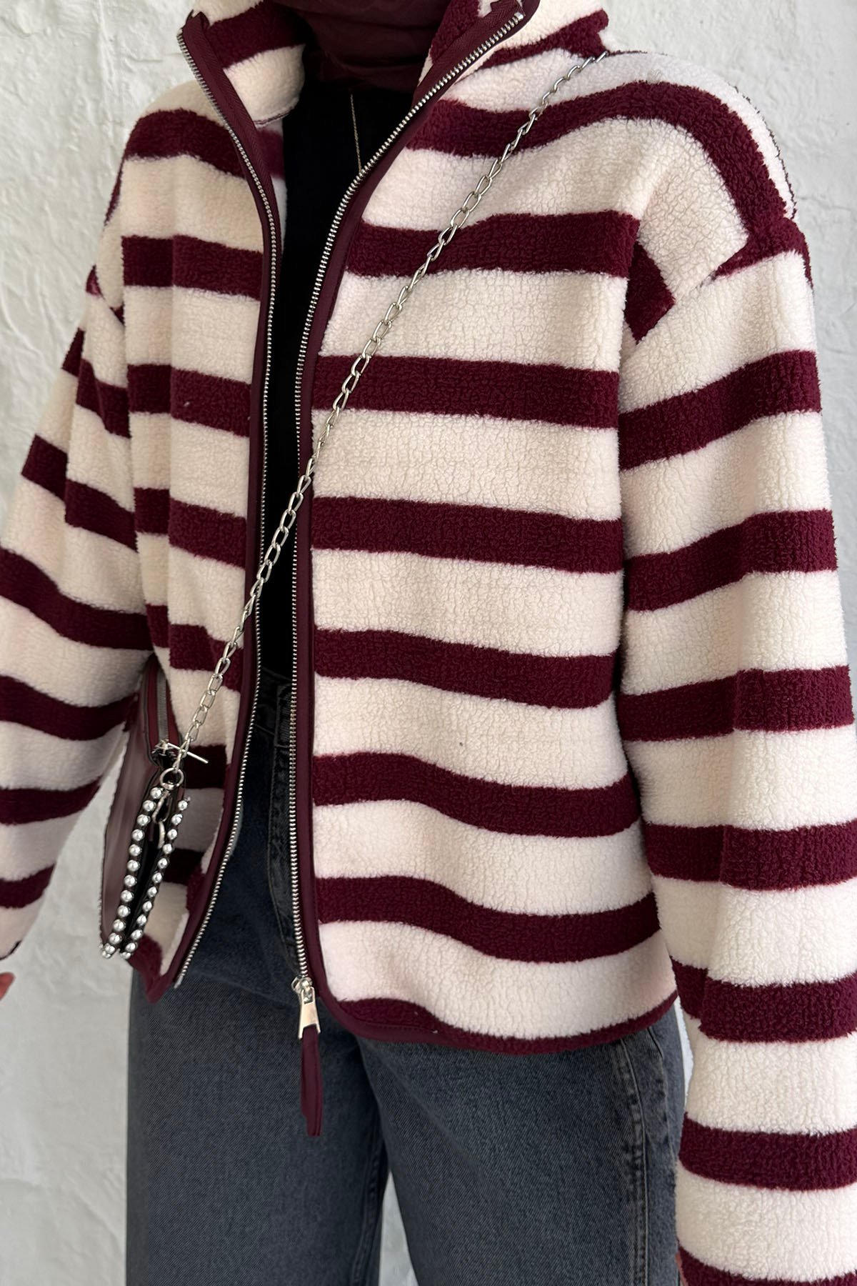 Çizgili Fermuarlı Polar Sweatshirt-MÜRDÜM