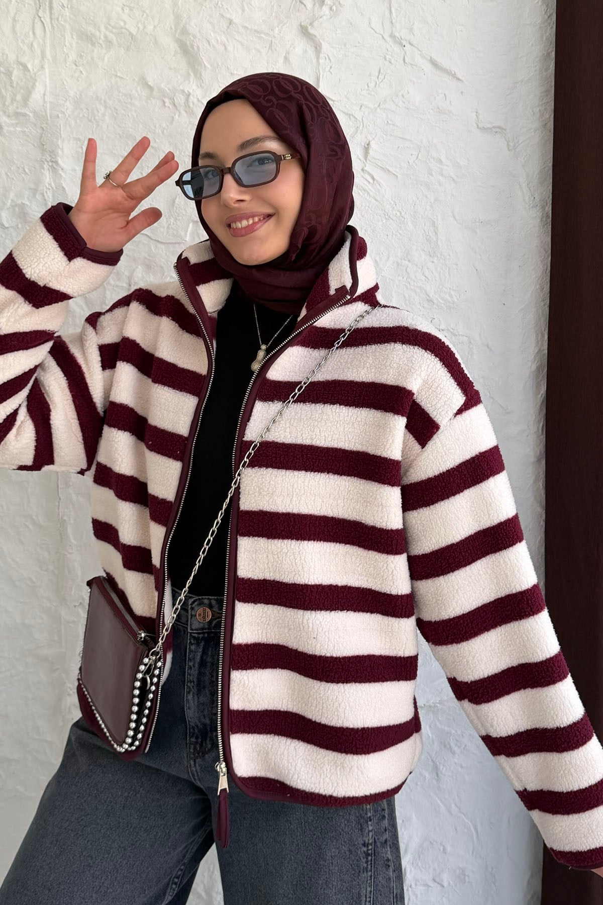 Çizgili Fermuarlı Polar Sweatshirt-MÜRDÜM