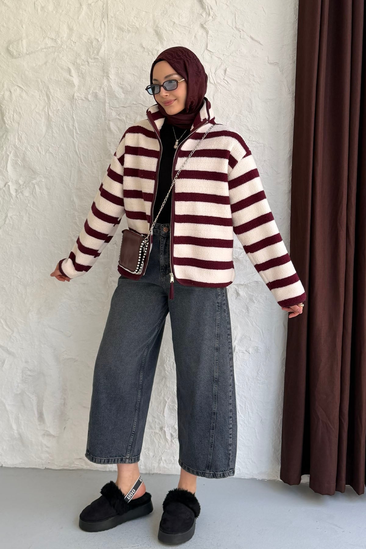 Çizgili Fermuarlı Polar Sweatshirt-MÜRDÜM