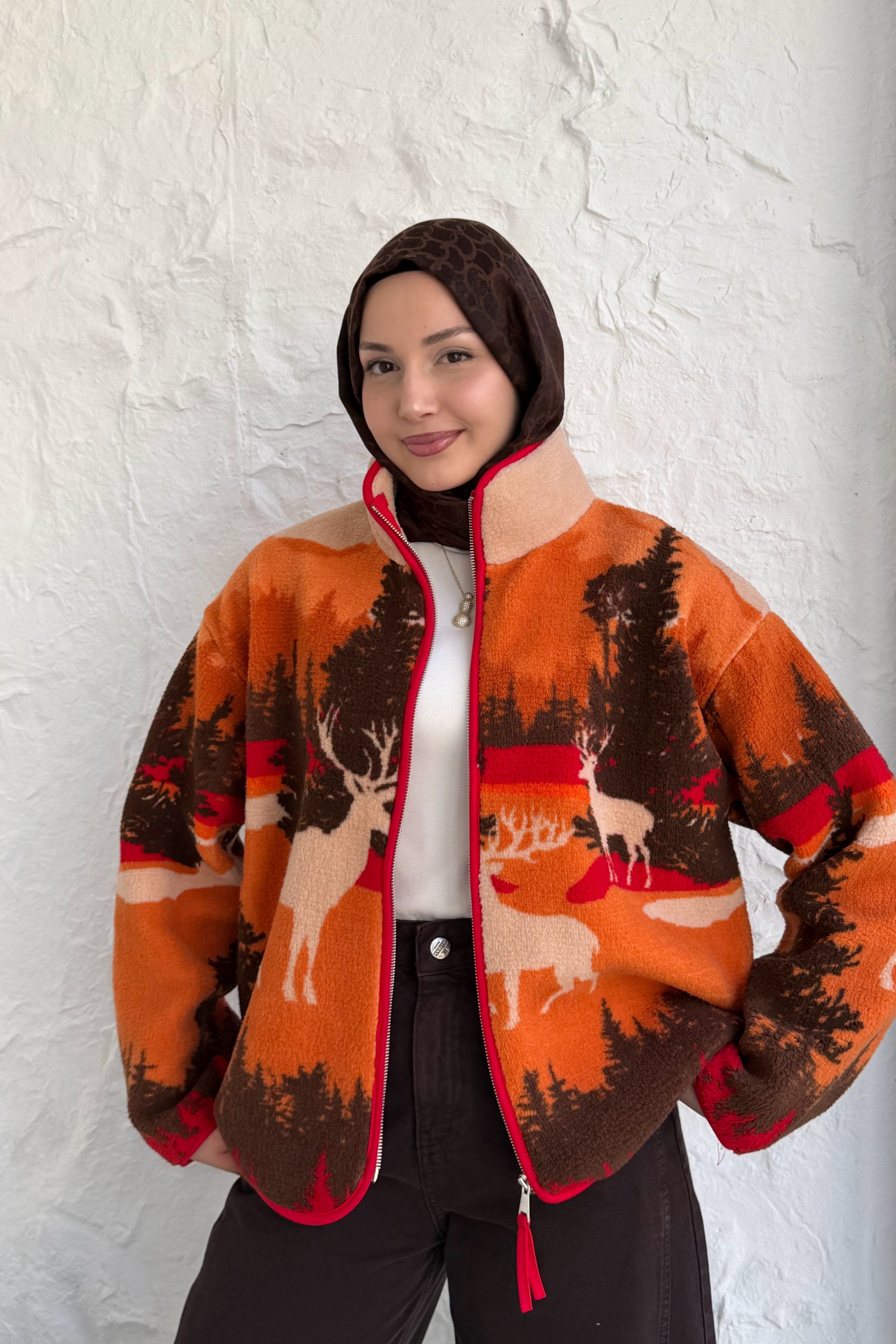 Dağ ve Geyik Baskılı Fermuarlı Sweatshirt-TURUNCU