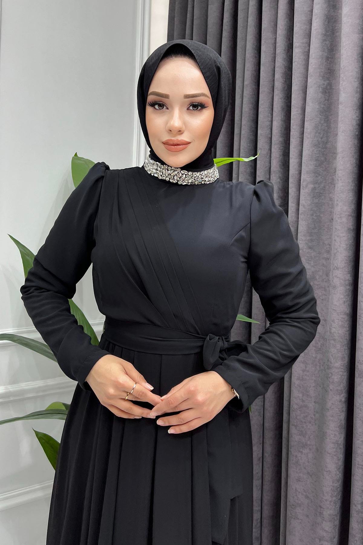 Dantel Ve Taş Detay Şifon Tesettür Elbise-SİYAH