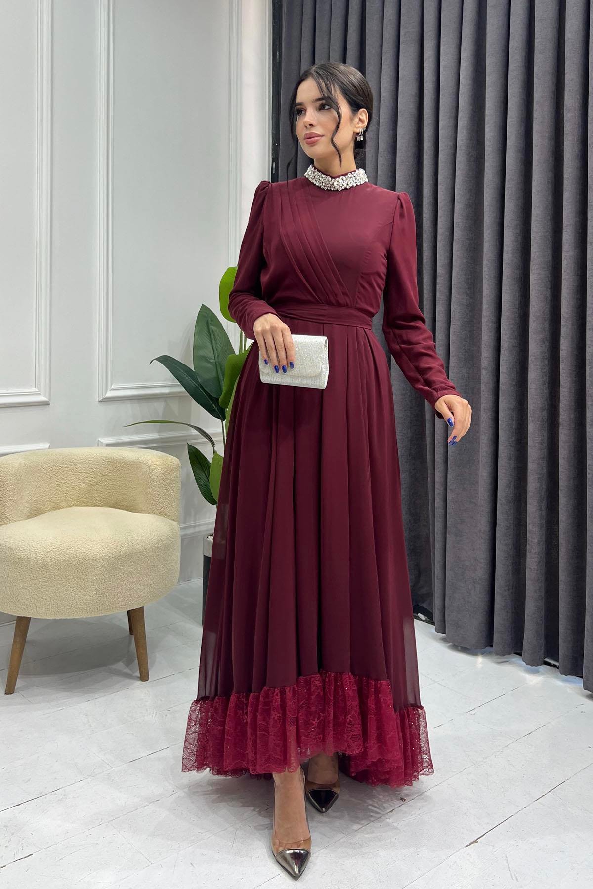 Dantel Ve Taş Detay Şifon Tesettür Elbise-BORDO