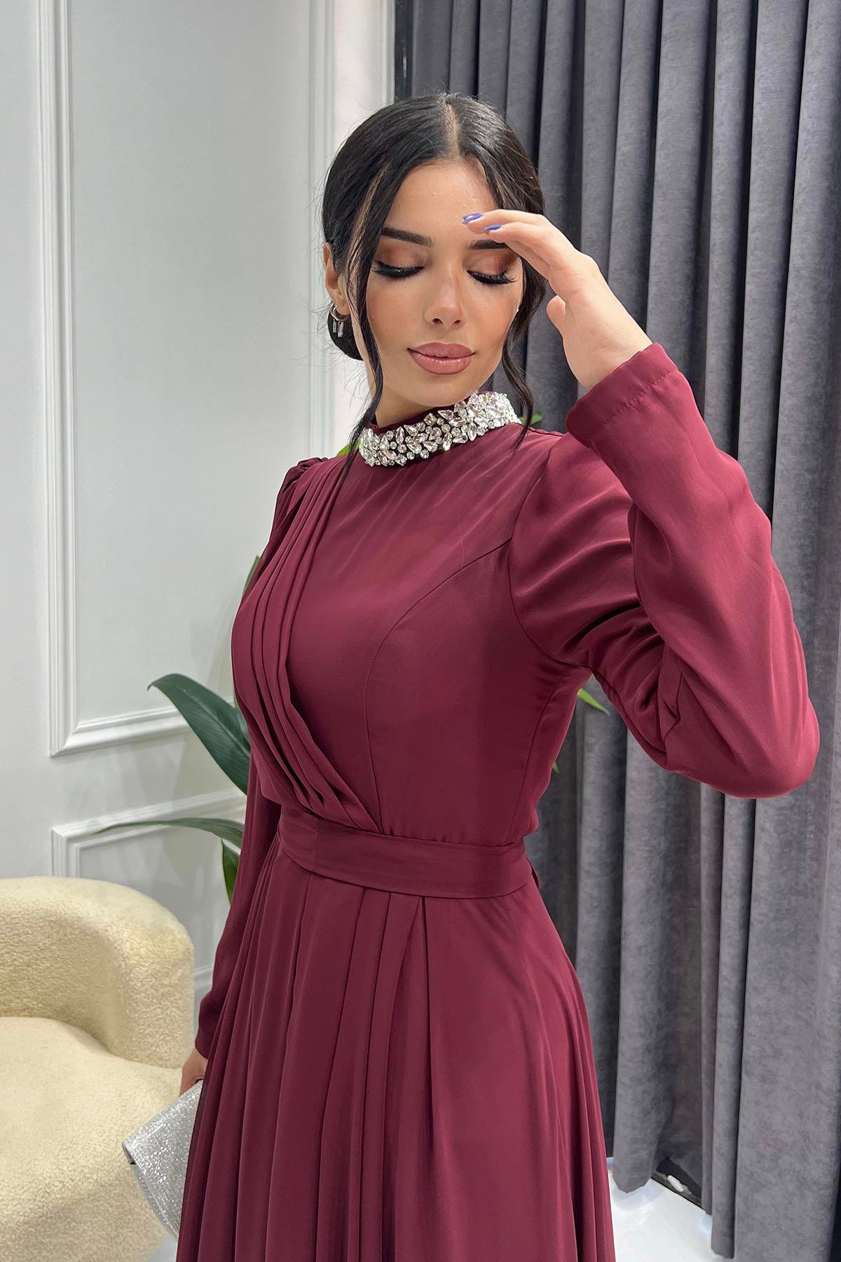 Dantel Ve Taş Detay Şifon Tesettür Elbise-BORDO