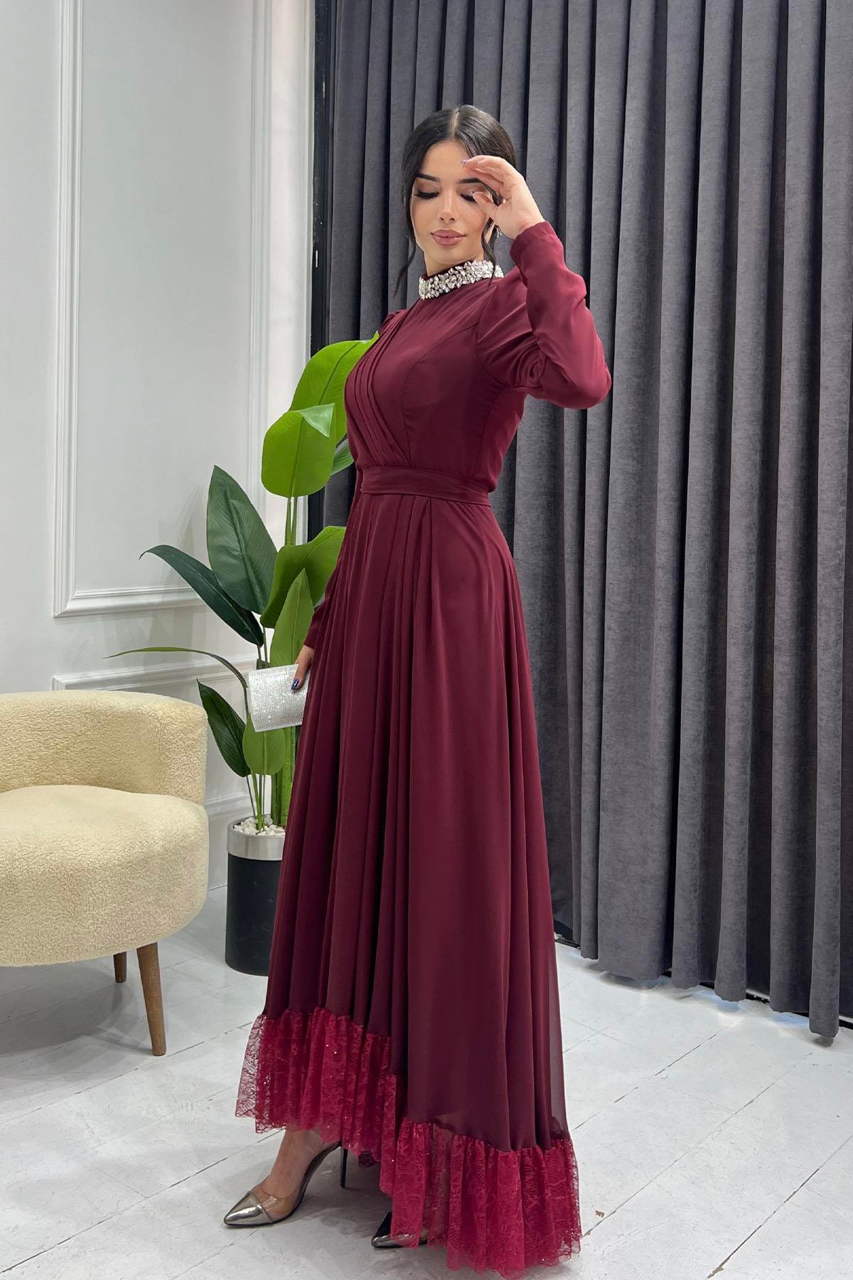 Dantel Ve Taş Detay Şifon Tesettür Elbise-BORDO