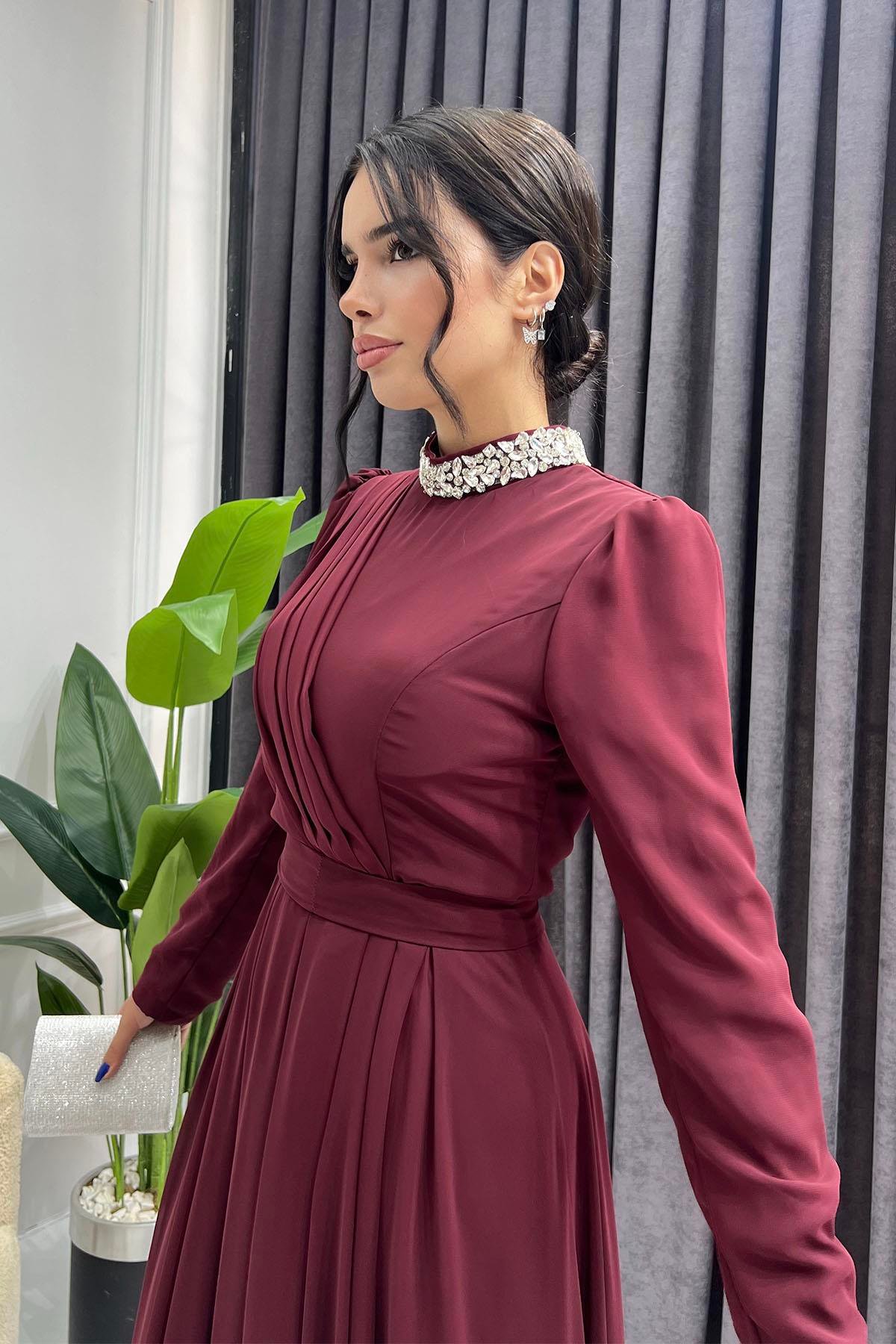 Dantel Ve Taş Detay Şifon Tesettür Elbise-BORDO