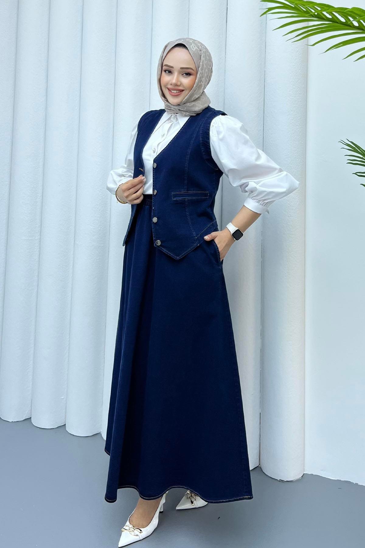 Denim Yelekli Etekli Tesettür Takım-KOYU MAVİ