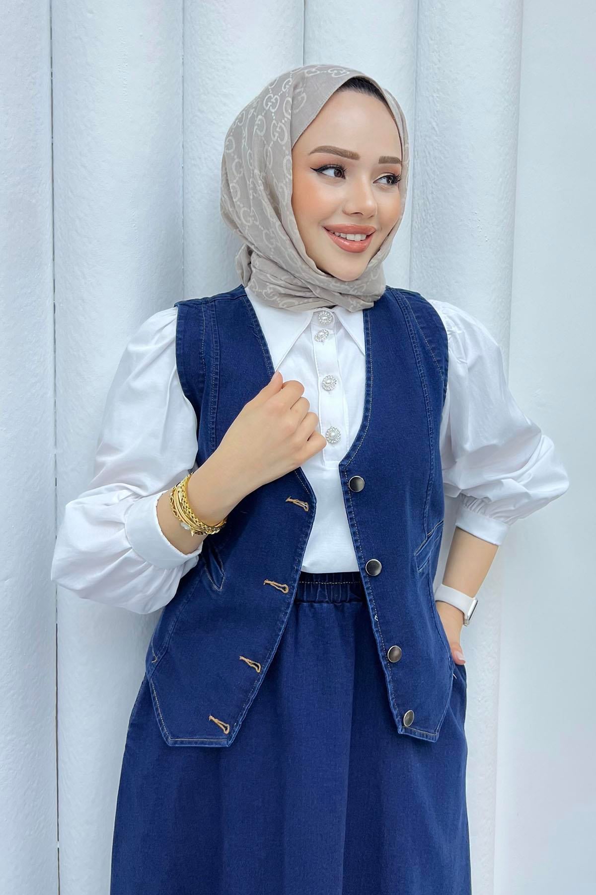 Denim Yelekli Etekli Tesettür Takım-KOYU MAVİ