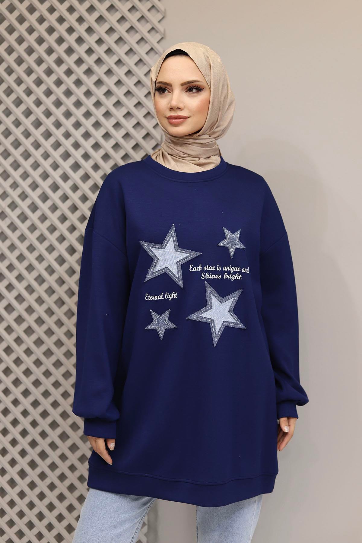 Denim Yıldız Detaylı Oversize Sweatshirt-LACİVERT