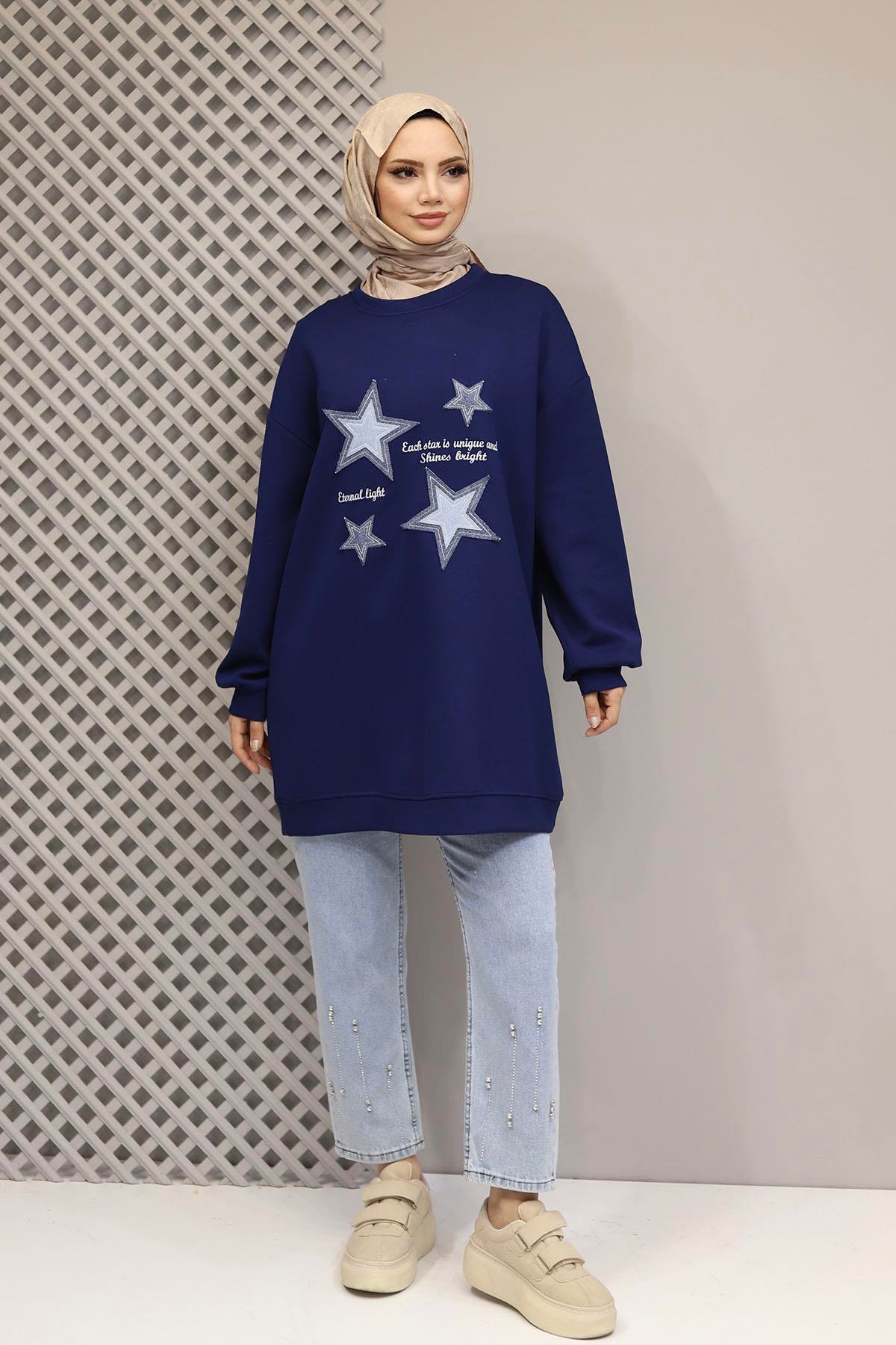 Denim Yıldız Detaylı Oversize Sweatshirt-LACİVERT