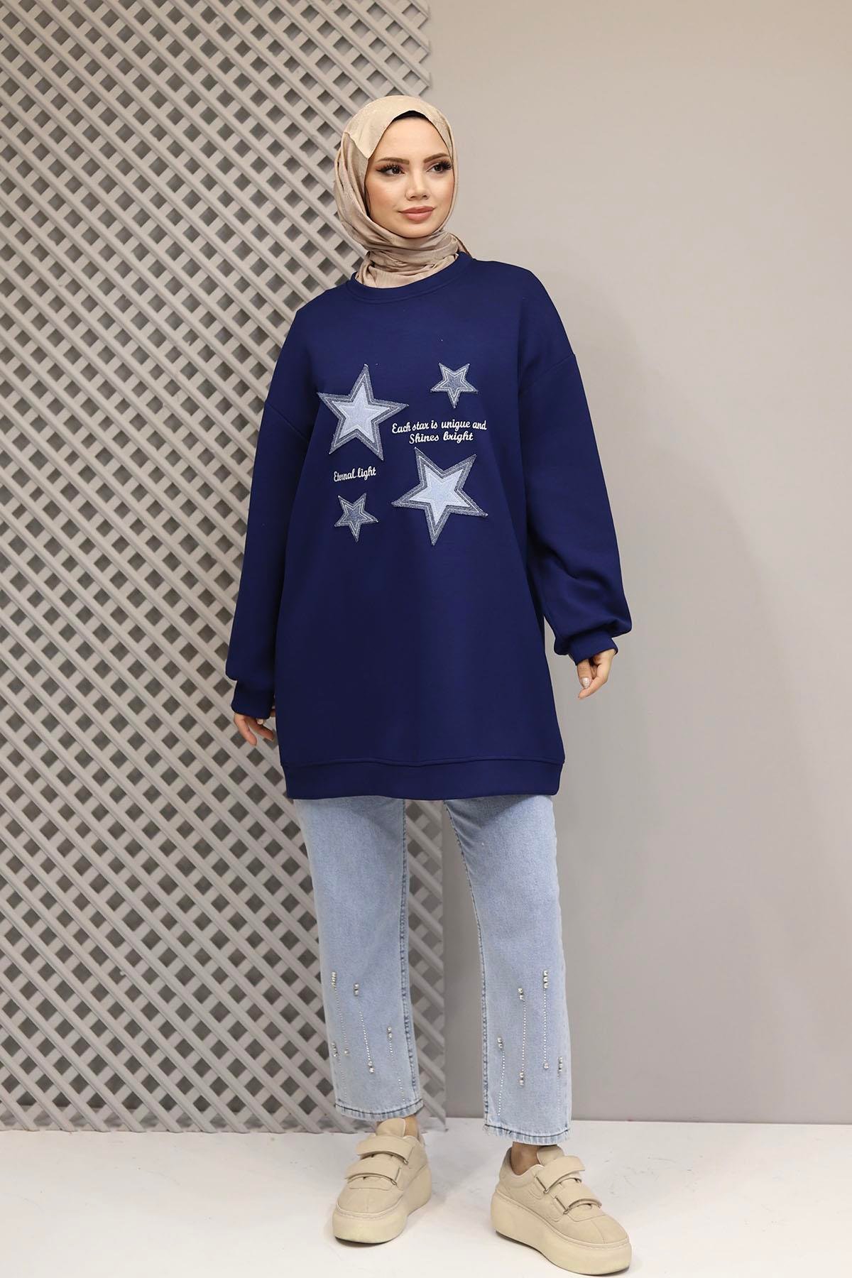 Denim Yıldız Detaylı Oversize Sweatshirt-LACİVERT