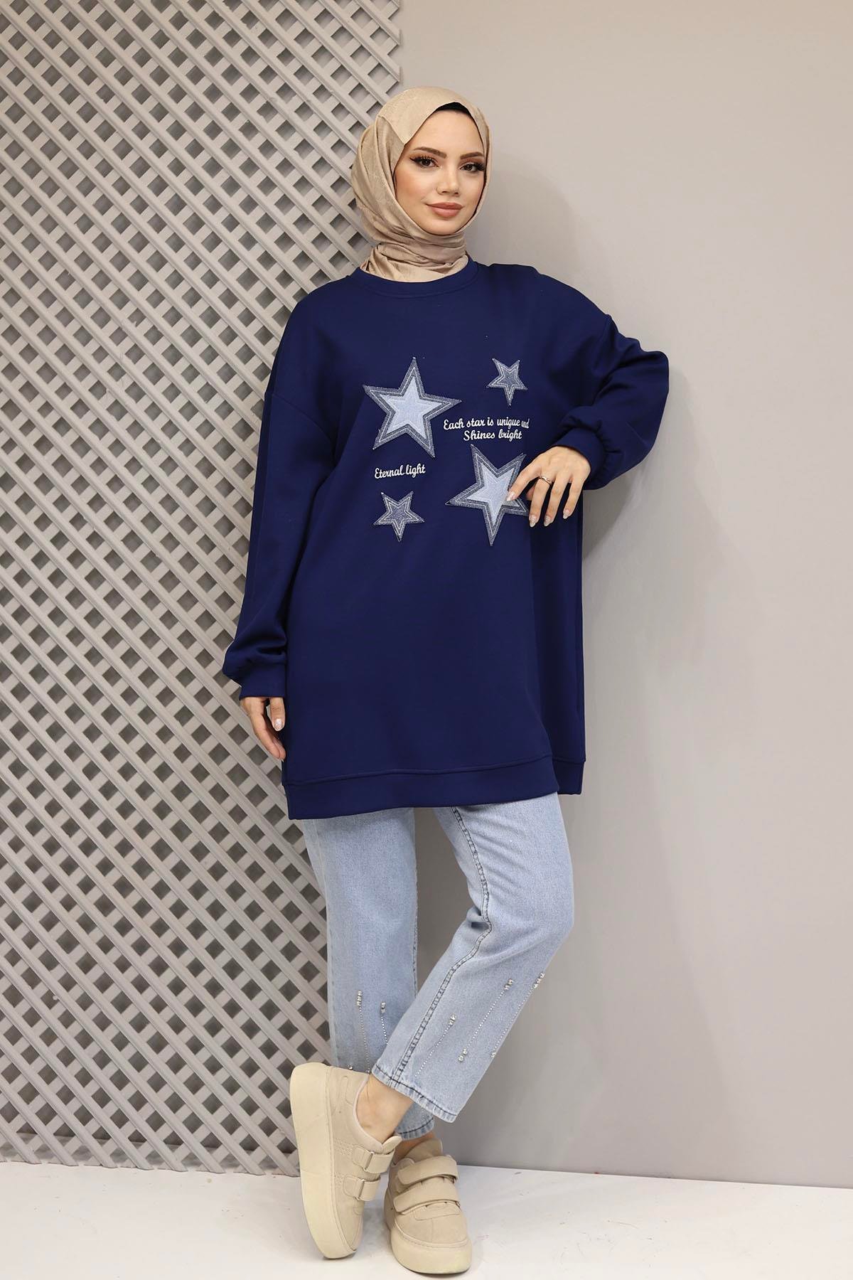 Denim Yıldız Detaylı Oversize Sweatshirt-LACİVERT