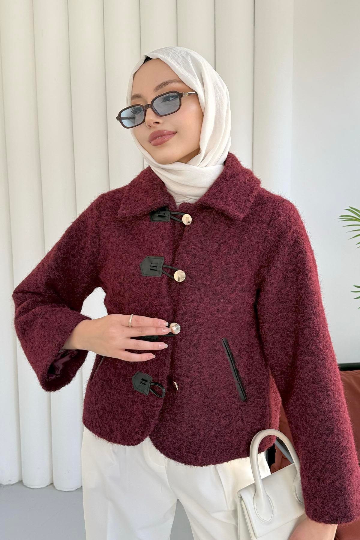 Deri Biyeli Flota Cepli Deri Tokalı Ceket-BORDO