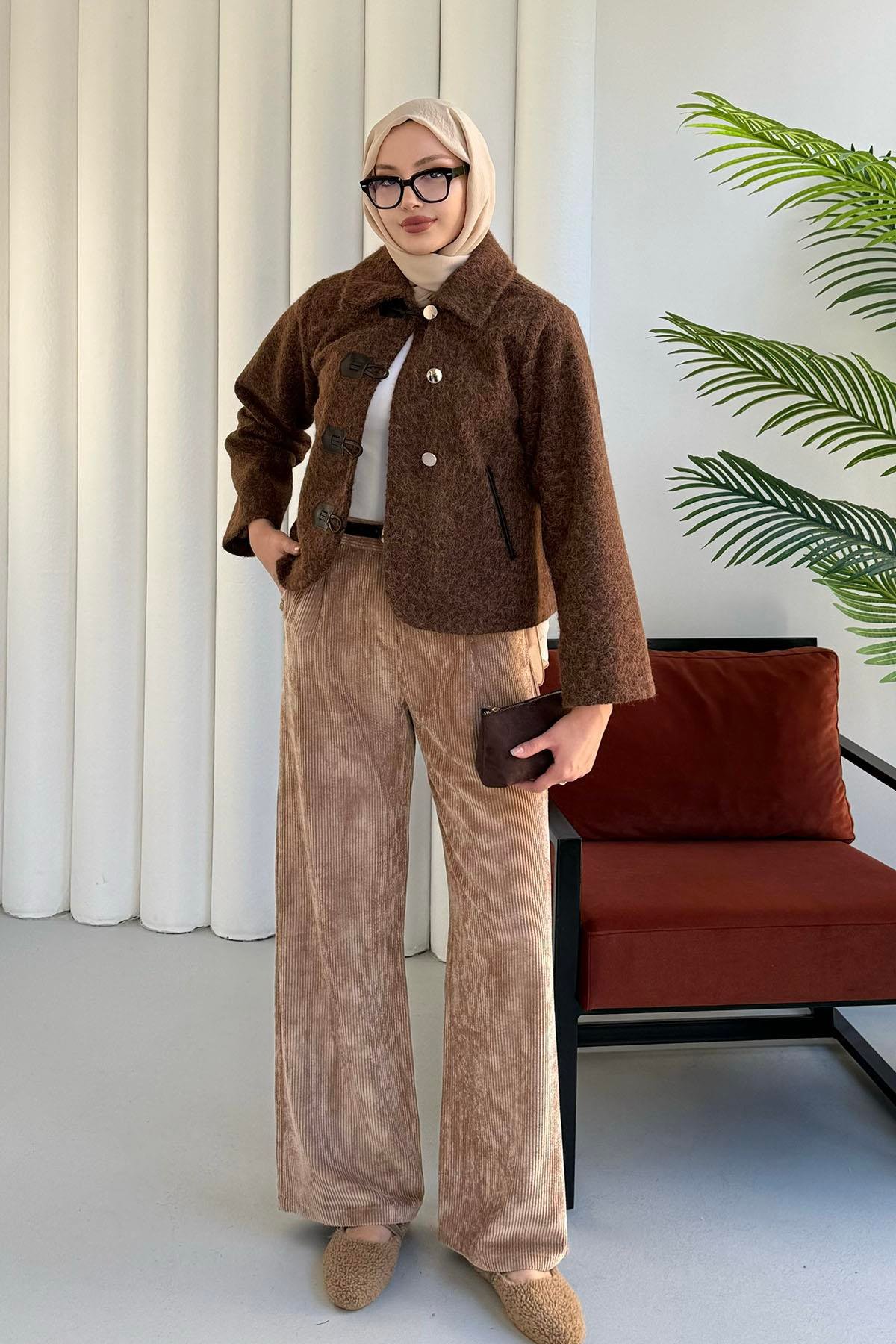 Deri Biyeli Flota Cepli Deri Tokalı Ceket-KAHVERENGİ