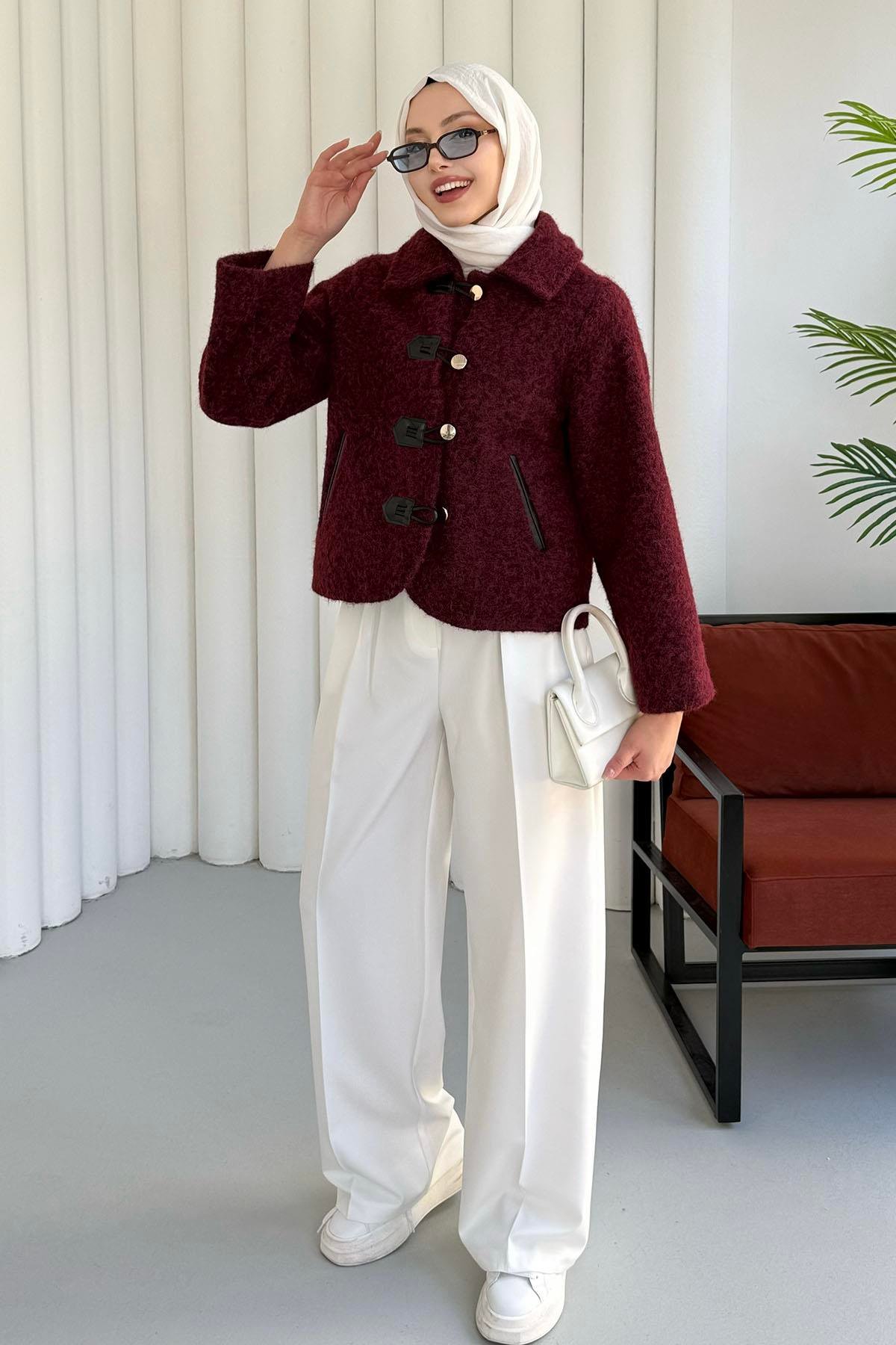 Deri Biyeli Flota Cepli Deri Tokalı Ceket-BORDO