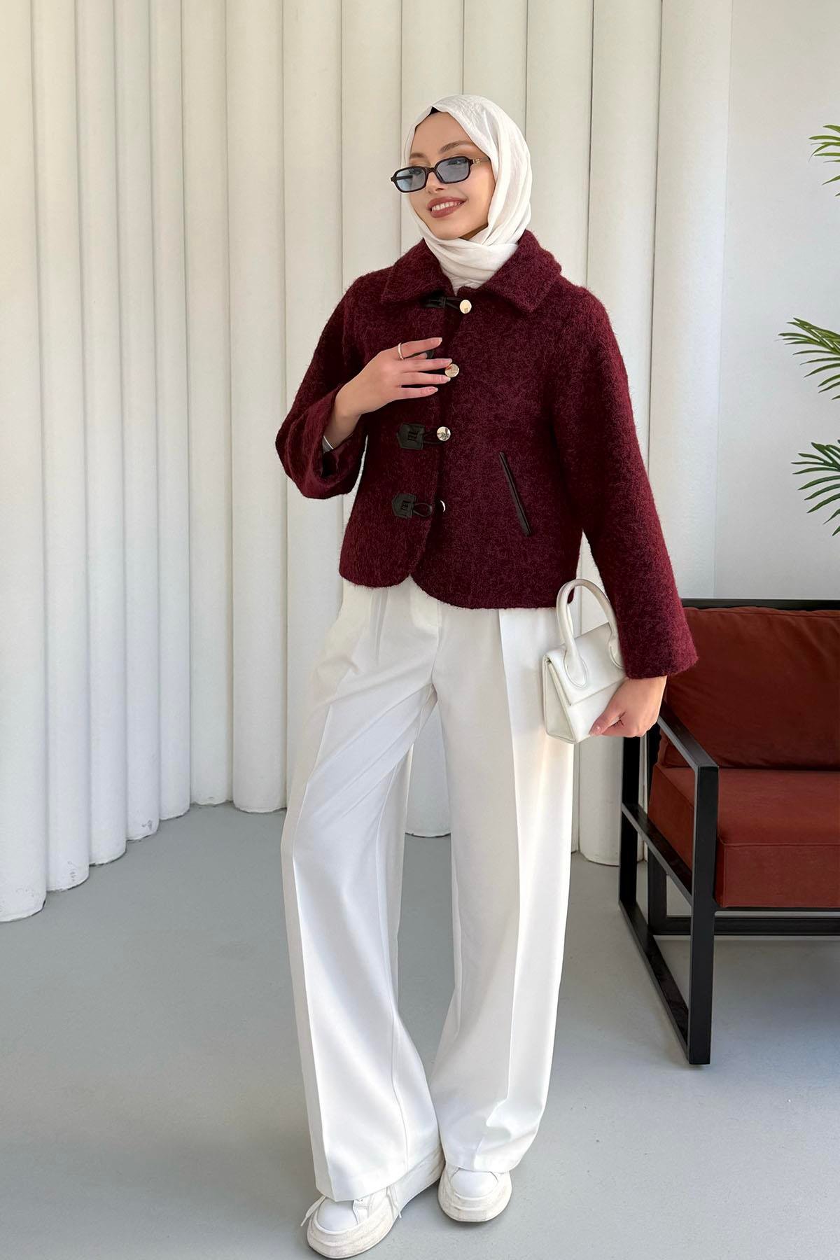 Deri Biyeli Flota Cepli Deri Tokalı Ceket-BORDO