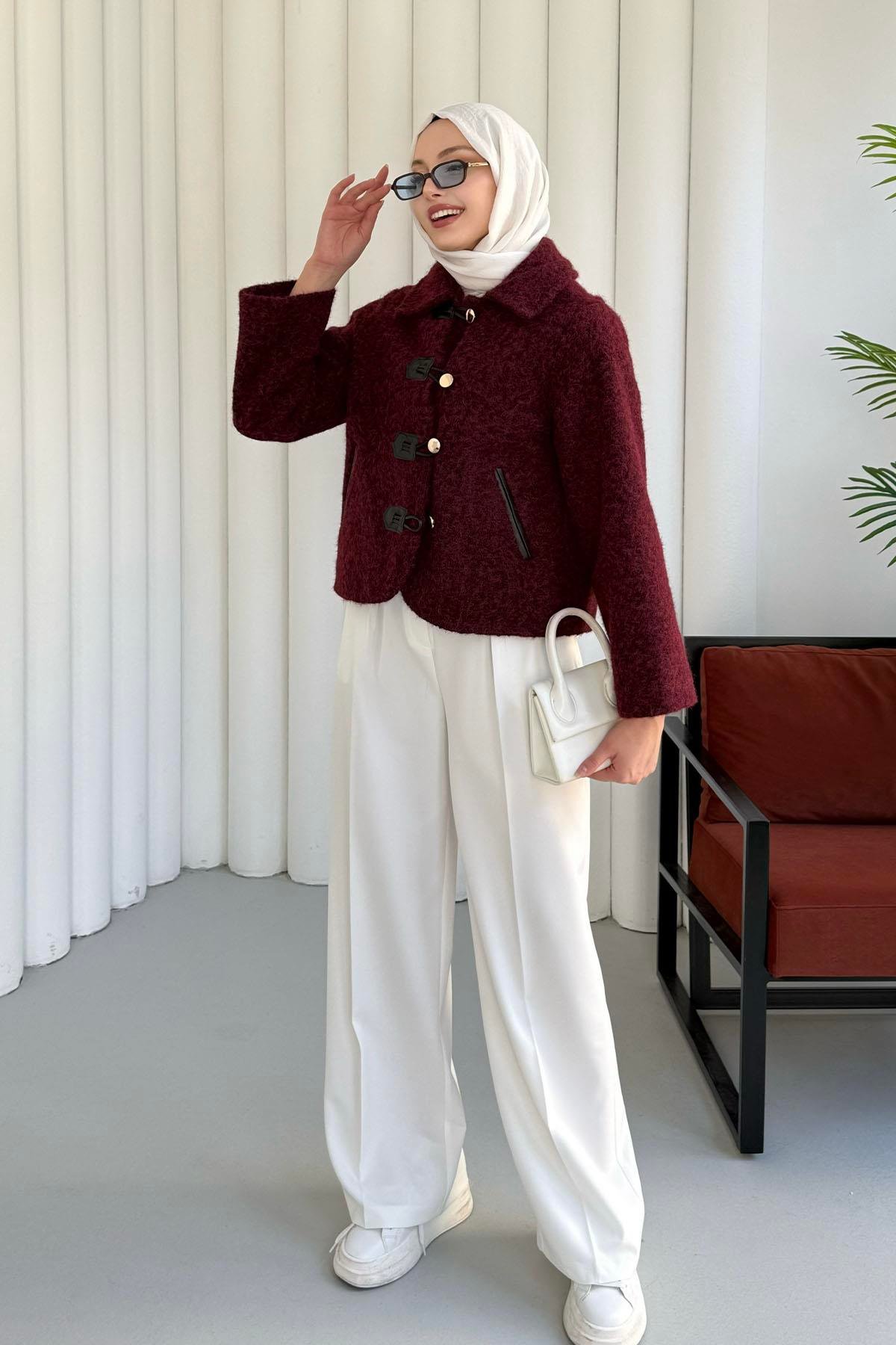 Deri Biyeli Flota Cepli Deri Tokalı Ceket-BORDO