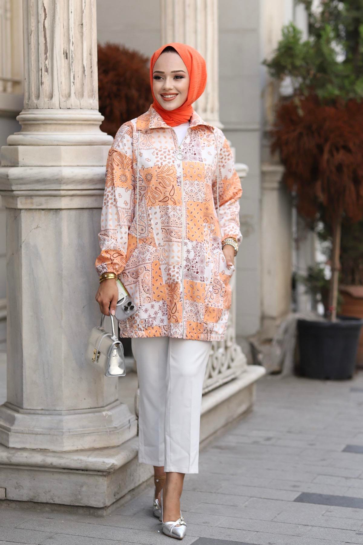 Desenli Oversize Kap-ORANGE