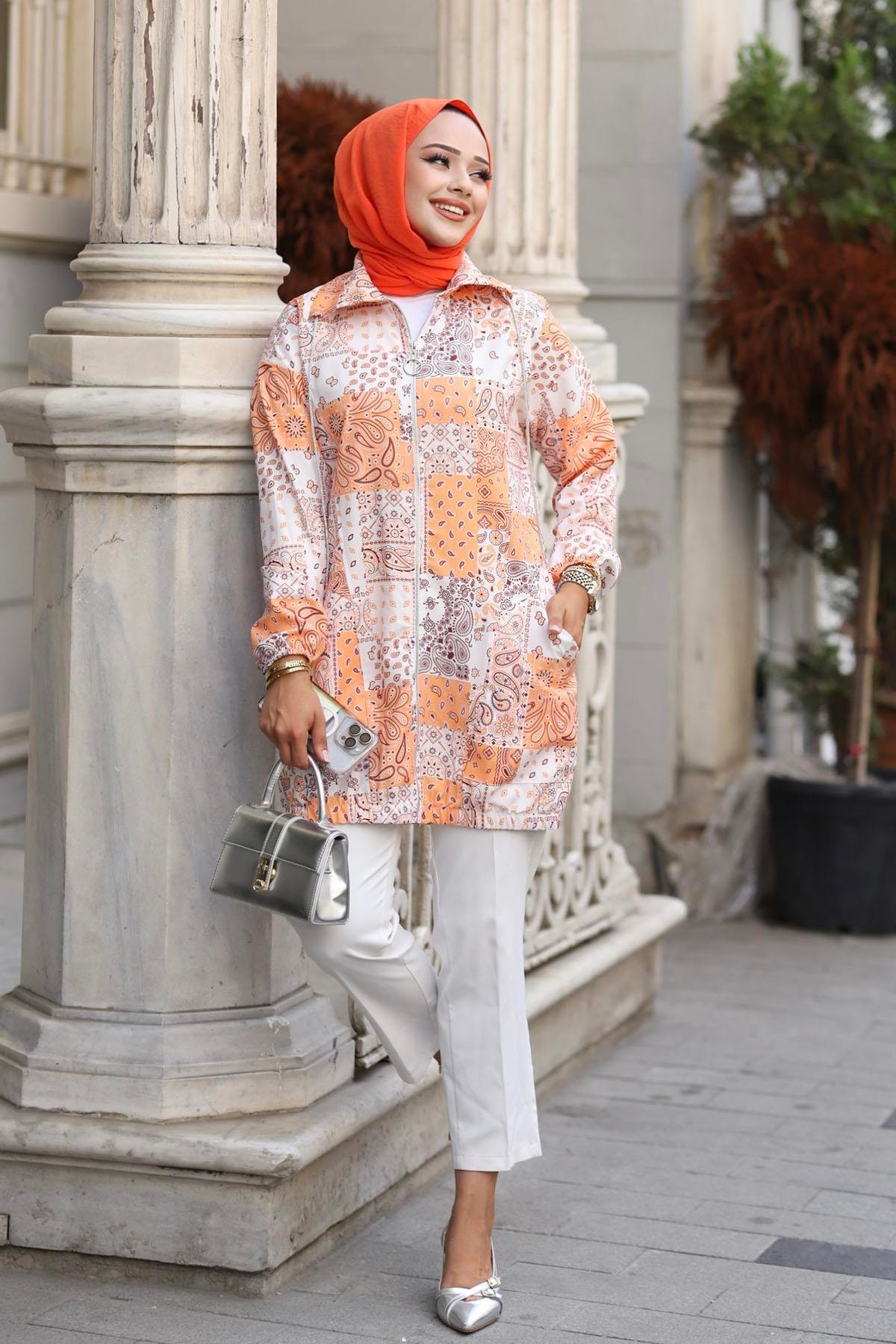 Desenli Oversize Kap-ORANGE