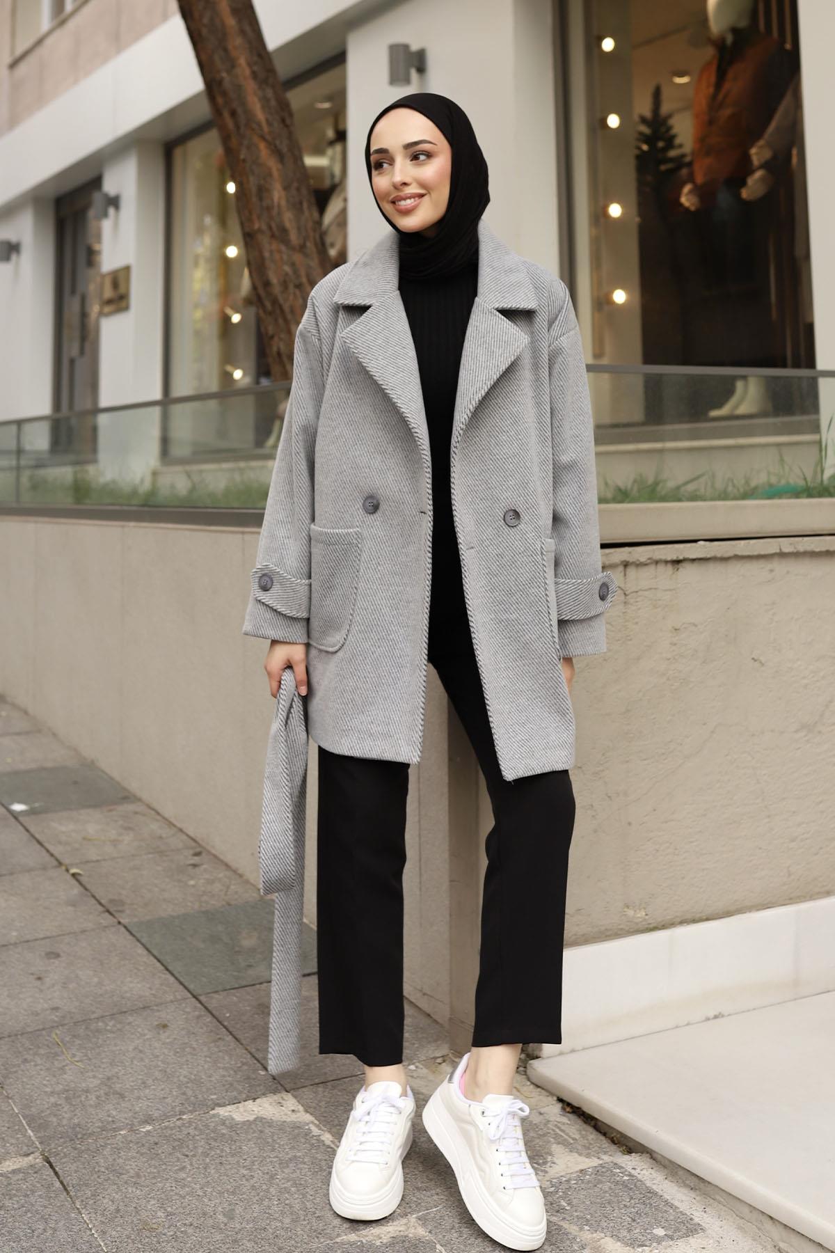 Diagonel Oversize Kaşe Kaban-GRİ