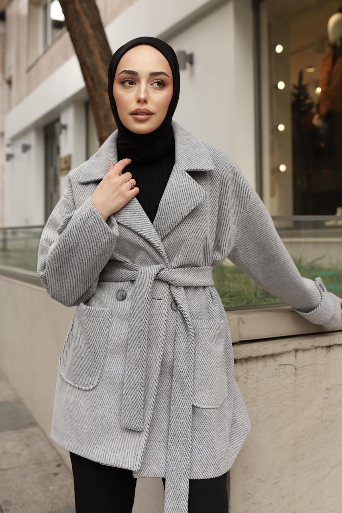 Diagonel Oversize Kaşe Kaban-GRİ