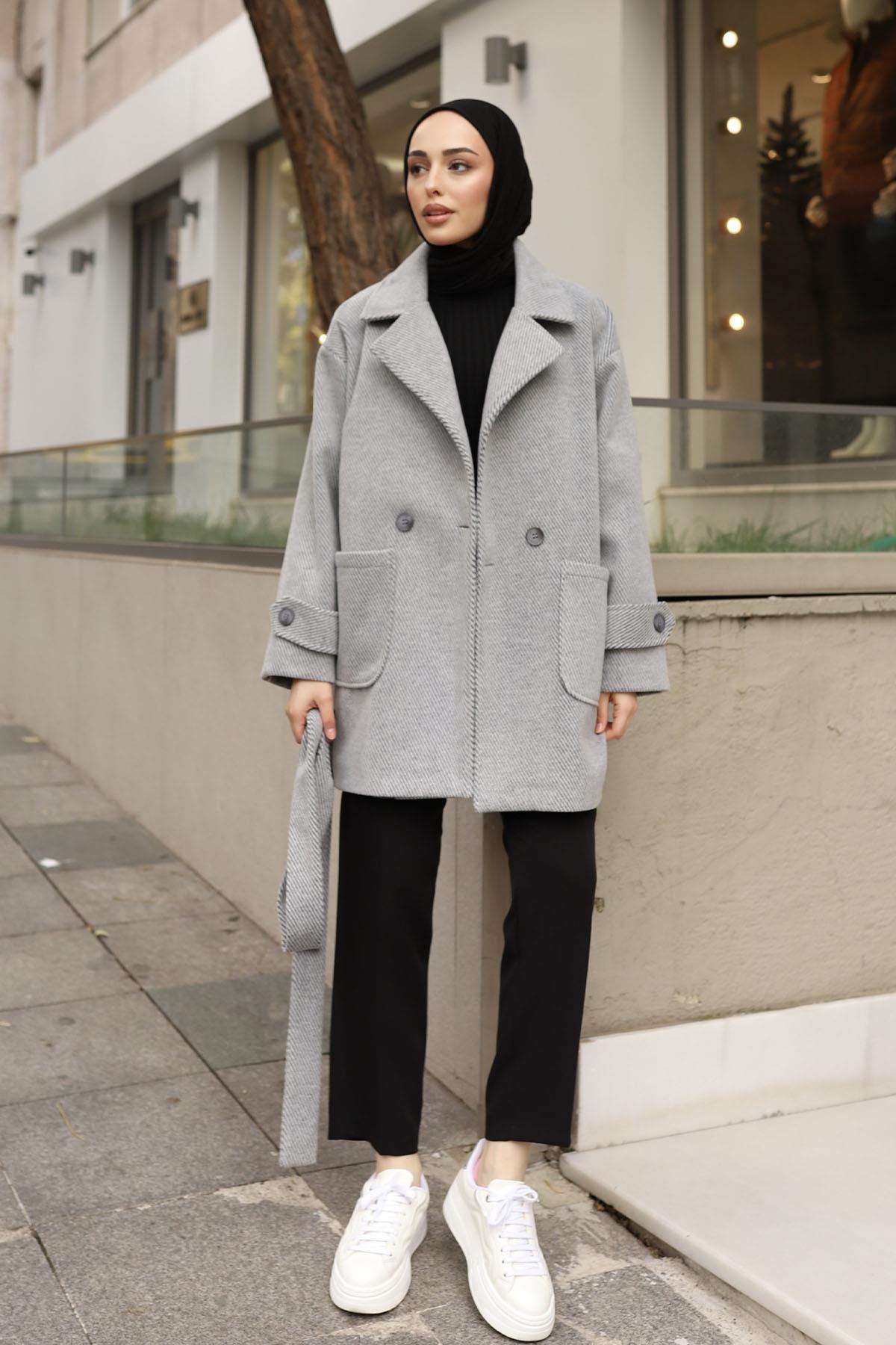 Diagonel Oversize Kaşe Kaban-GRİ