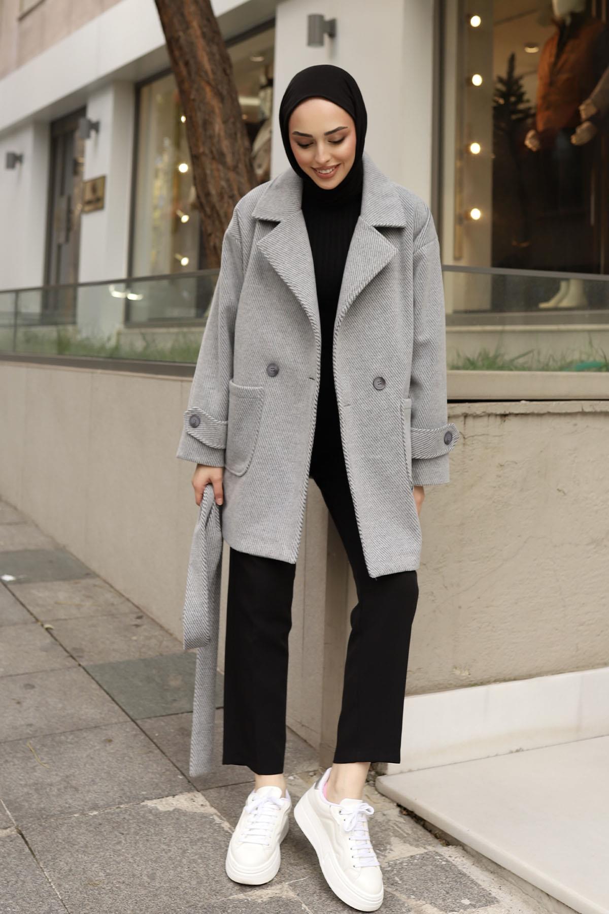Diagonel Oversize Kaşe Kaban-GRİ