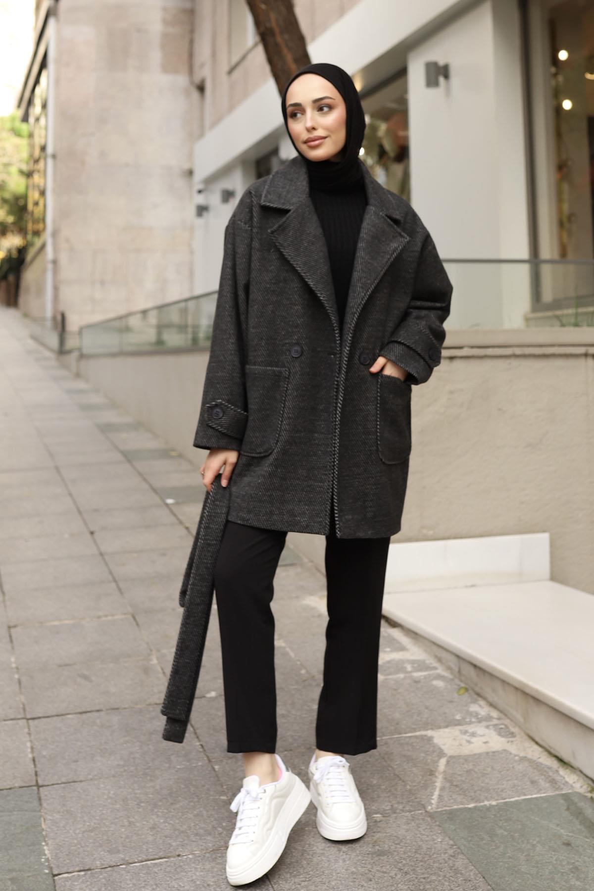 Diagonel Oversize Kaşe Kaban-SİYAH