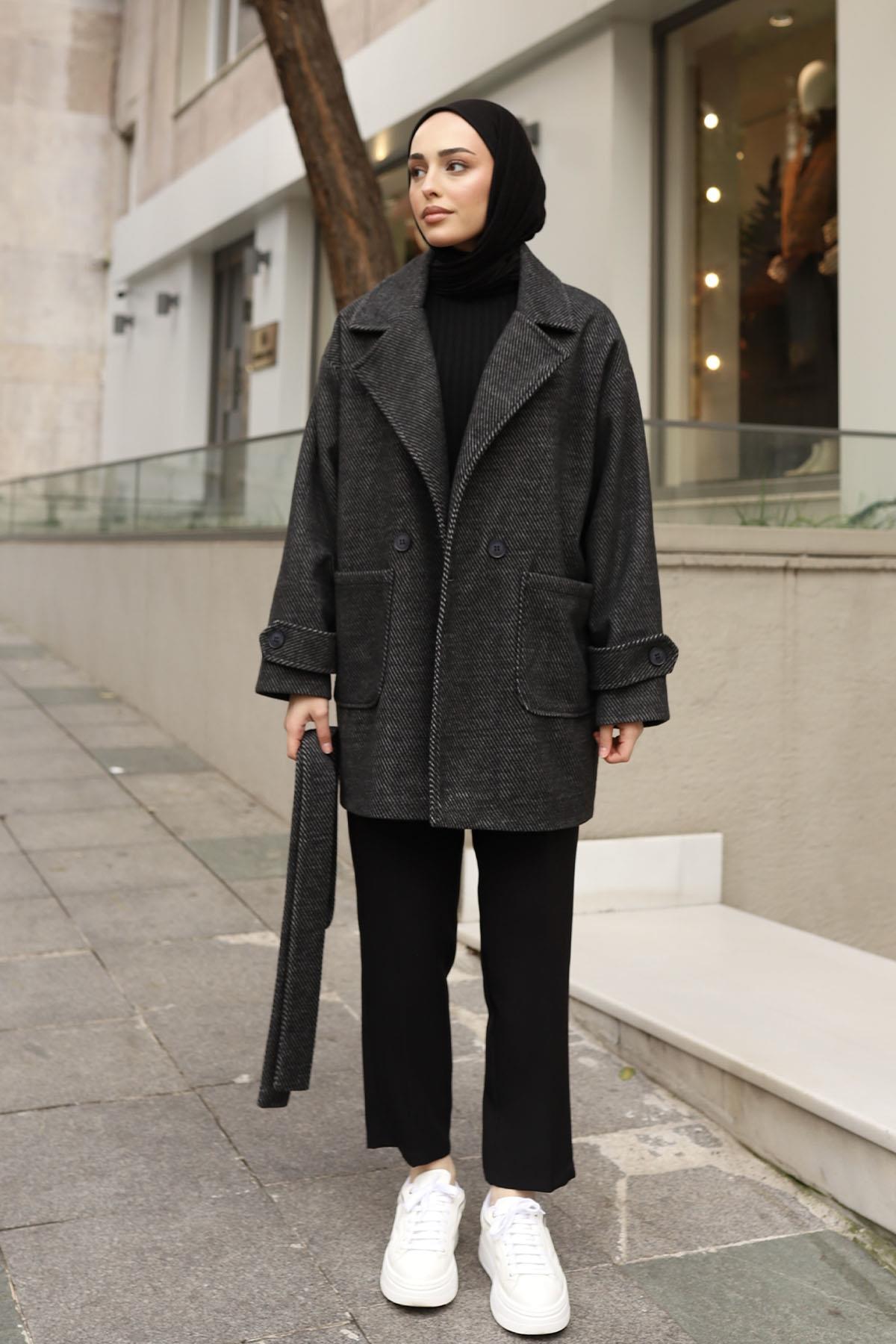 Diagonel Oversize Kaşe Kaban-SİYAH