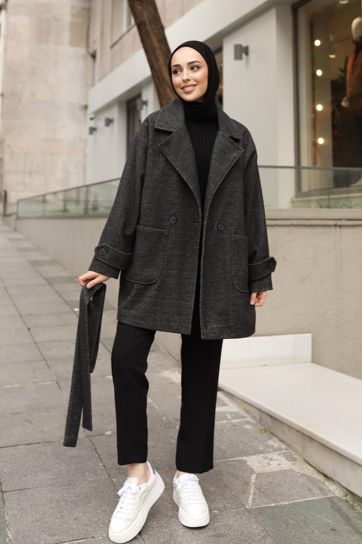 Diagonel Oversize Kaşe Kaban-SİYAH