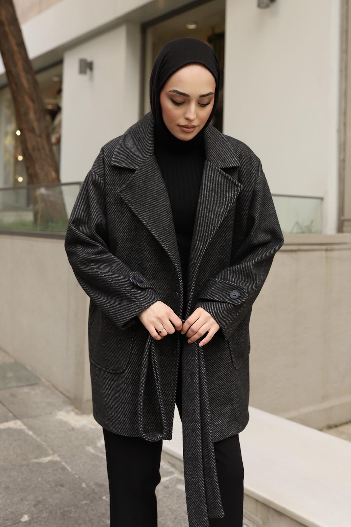 Diagonel Oversize Kaşe Kaban-SİYAH