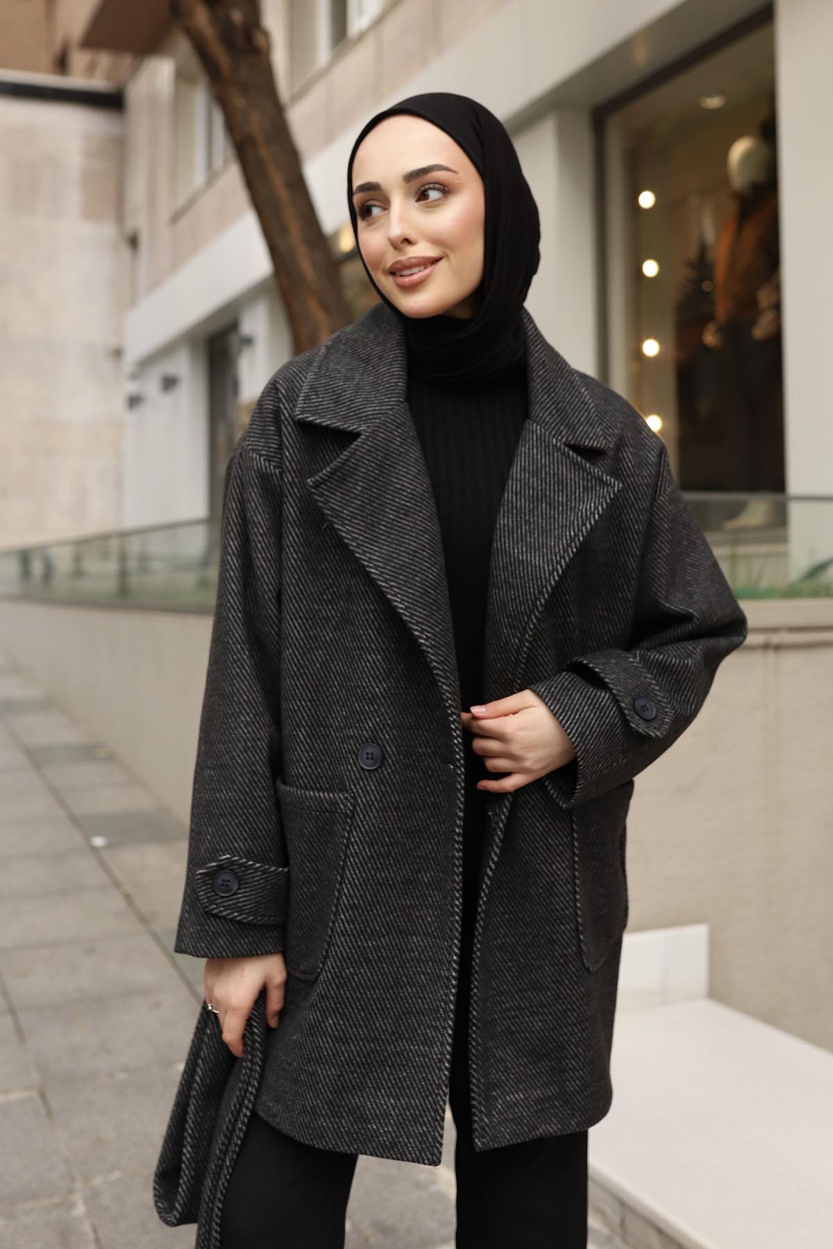 Diagonel Oversize Kaşe Kaban-SİYAH