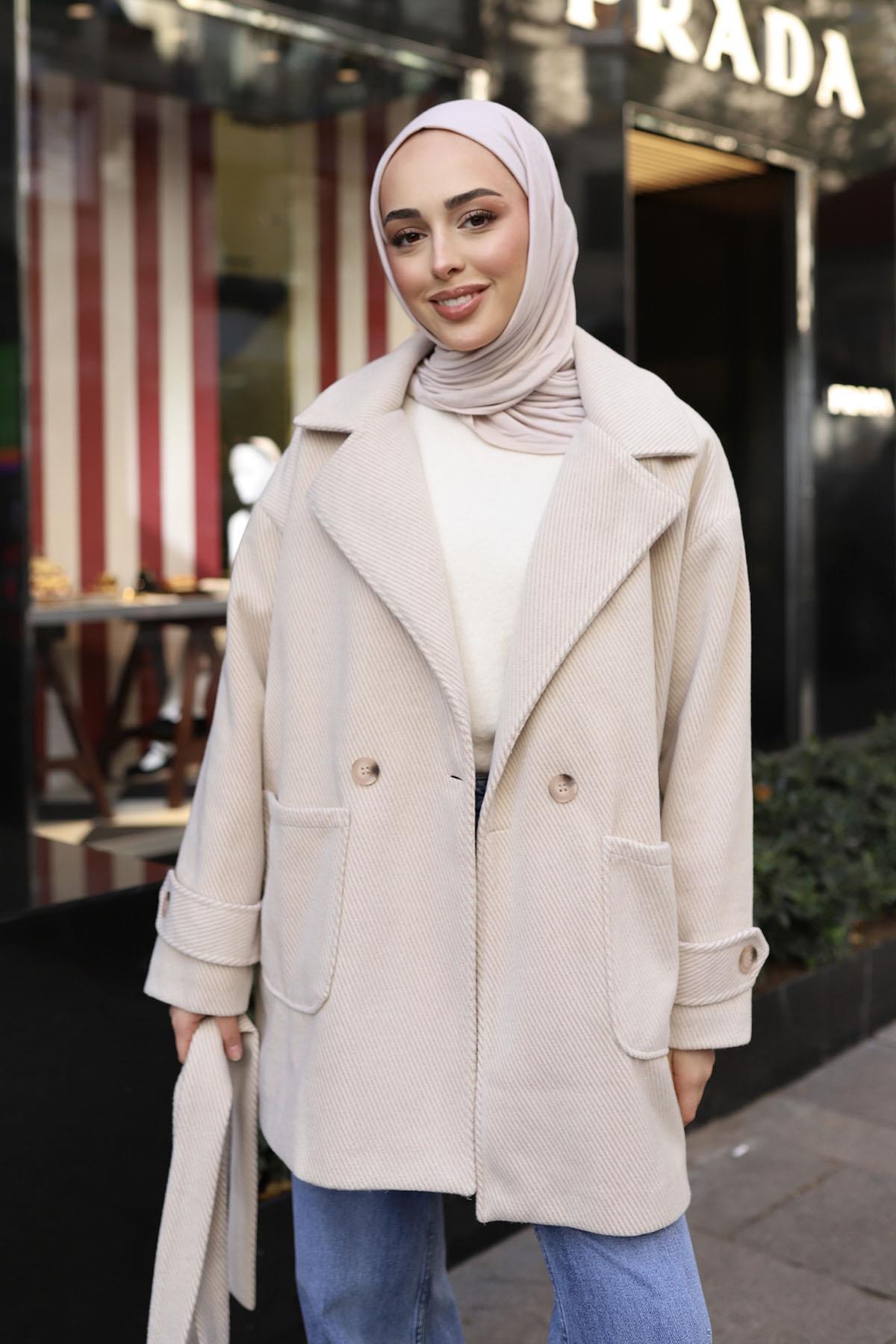 Diagonel Oversize Kaşe Kaban-TAŞ