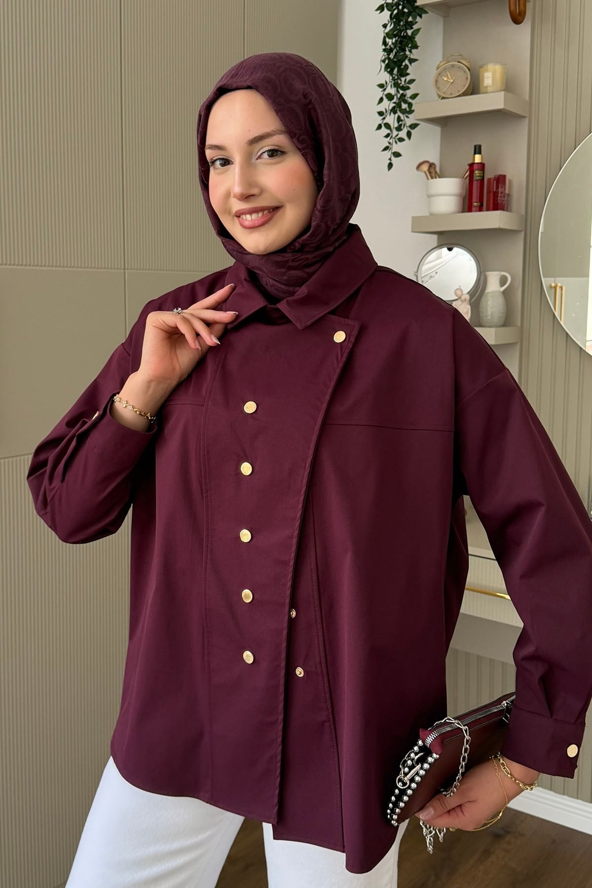 Dik Yaka Çıtçıt Düğmeli Gabardin Ceket-BORDO
