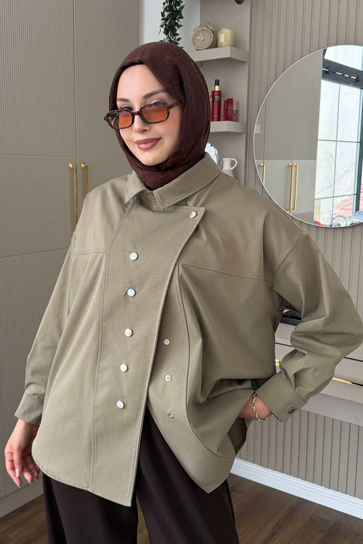 Dik Yaka Çıtçıt Düğmeli Gabardin Ceket-YEŞİL