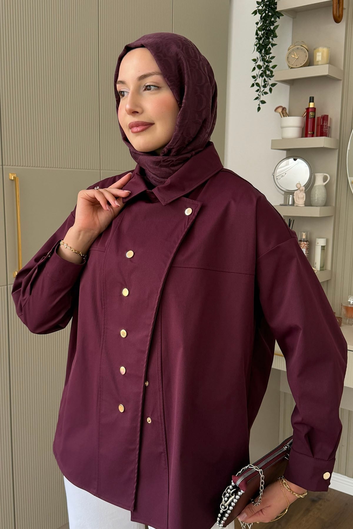 Dik Yaka Çıtçıt Düğmeli Gabardin Ceket-BORDO