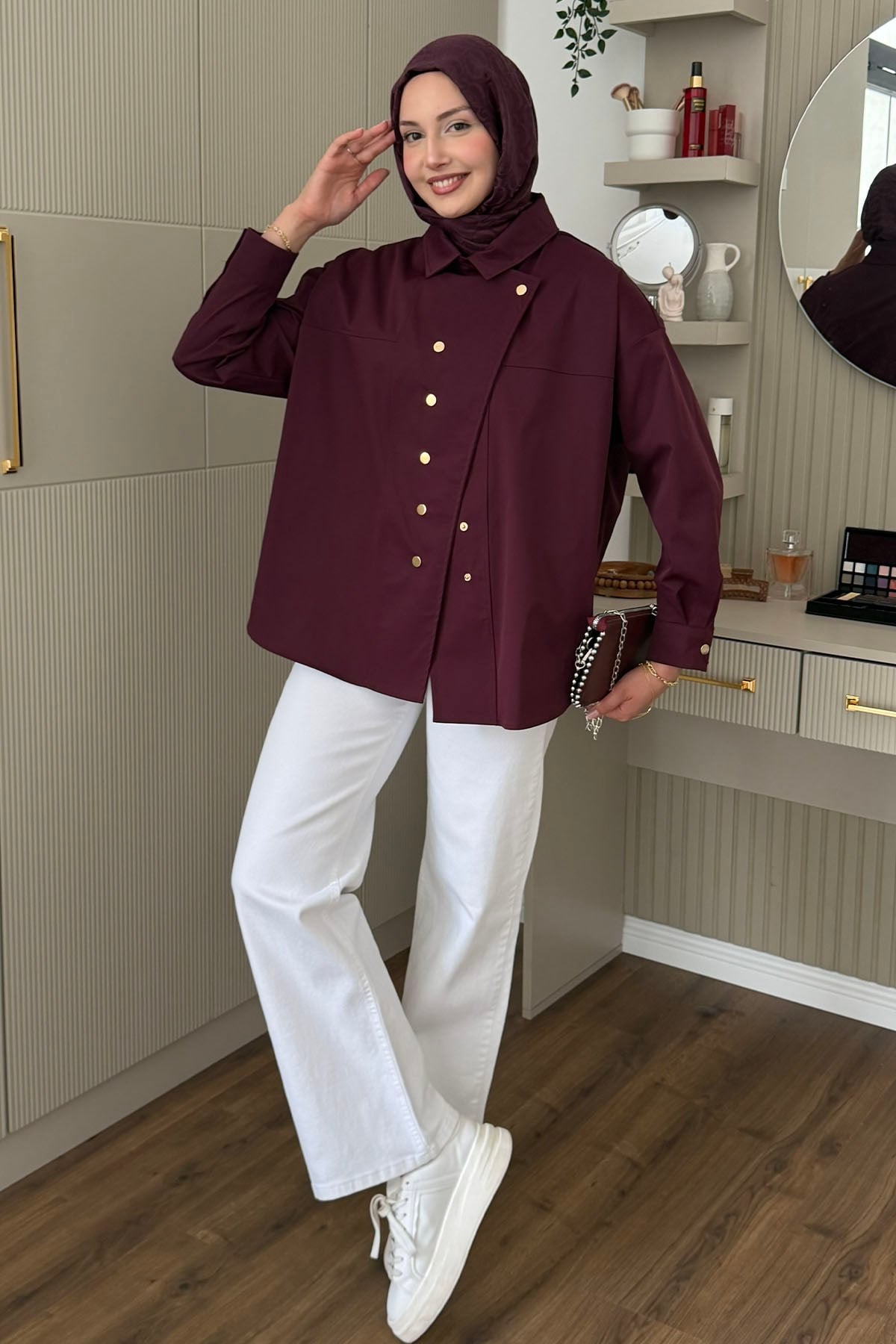 Dik Yaka Çıtçıt Düğmeli Gabardin Ceket-BORDO