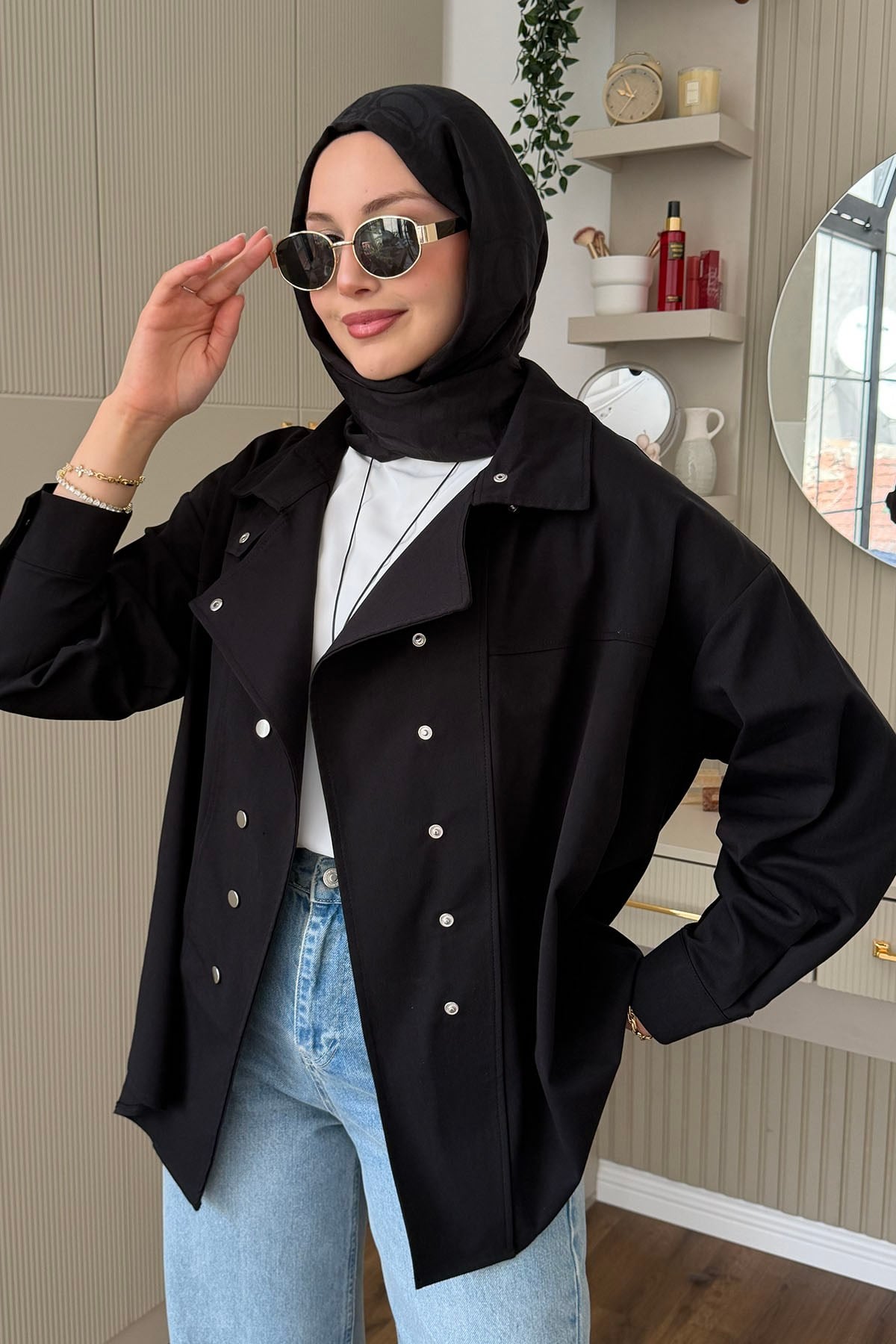 Dik Yaka Çıtçıt Düğmeli Gabardin Ceket-SİYAH