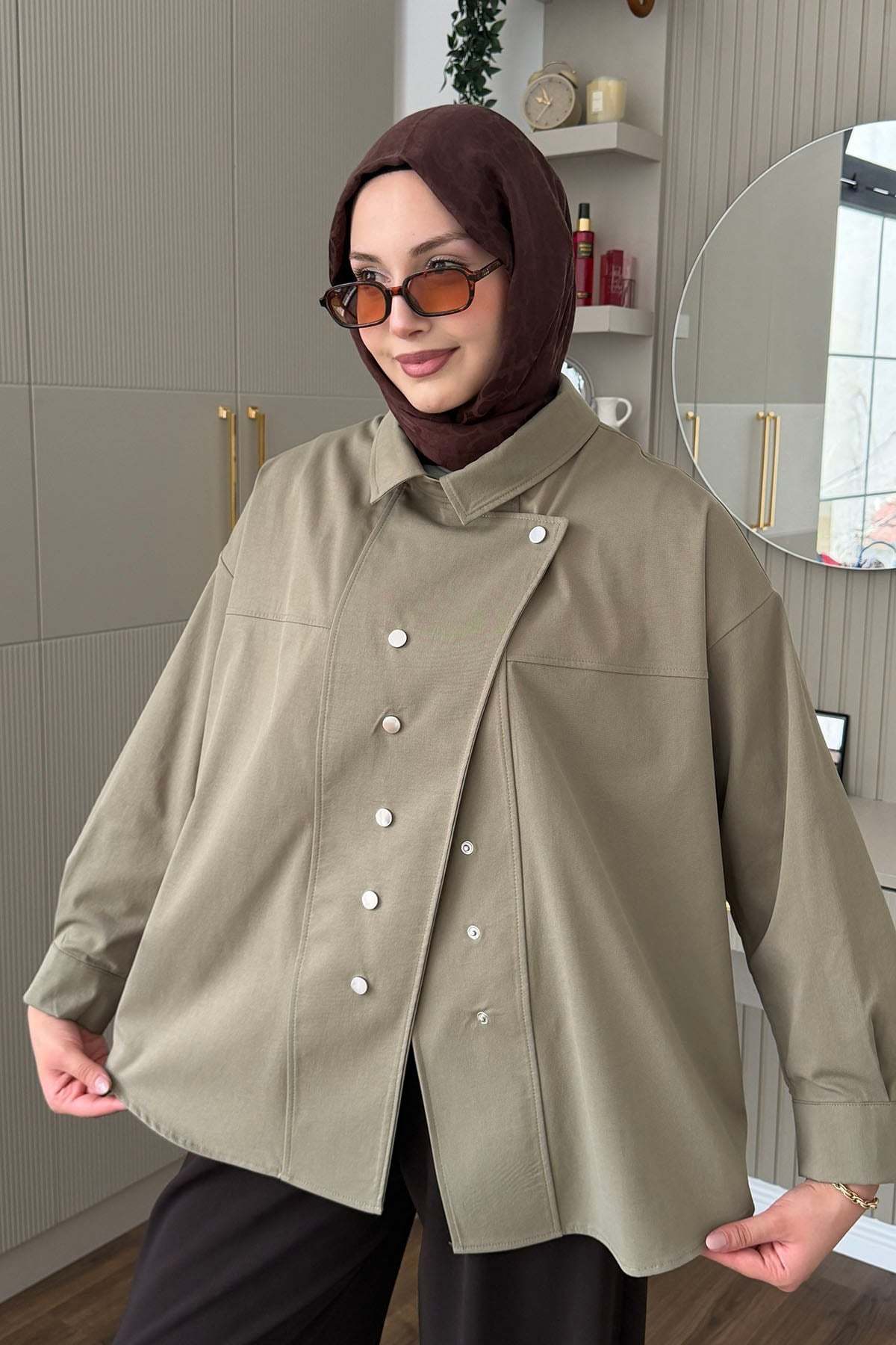 Dik Yaka Çıtçıt Düğmeli Gabardin Ceket-YEŞİL