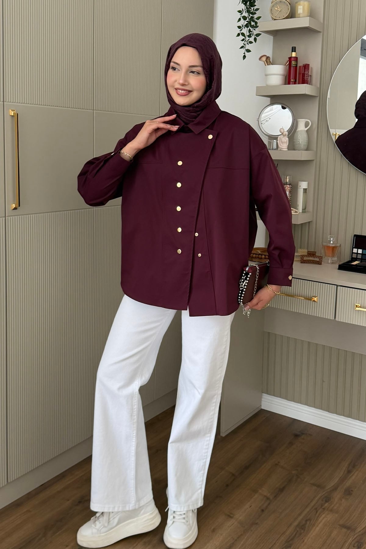 Dik Yaka Çıtçıt Düğmeli Gabardin Ceket-BORDO