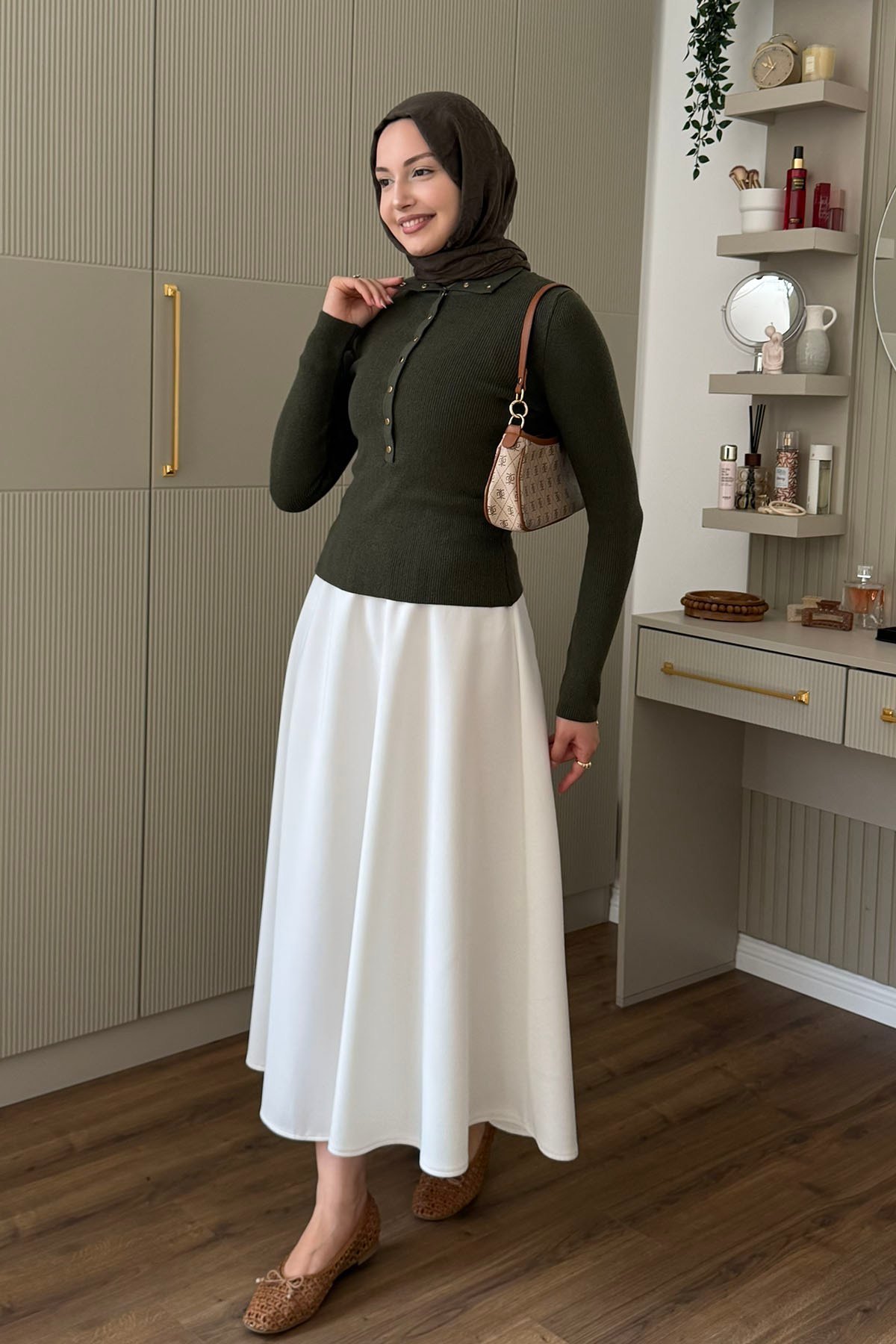 Dik Yaka Çıtçıtlı Triko Kazak-HAKİ YEŞİL