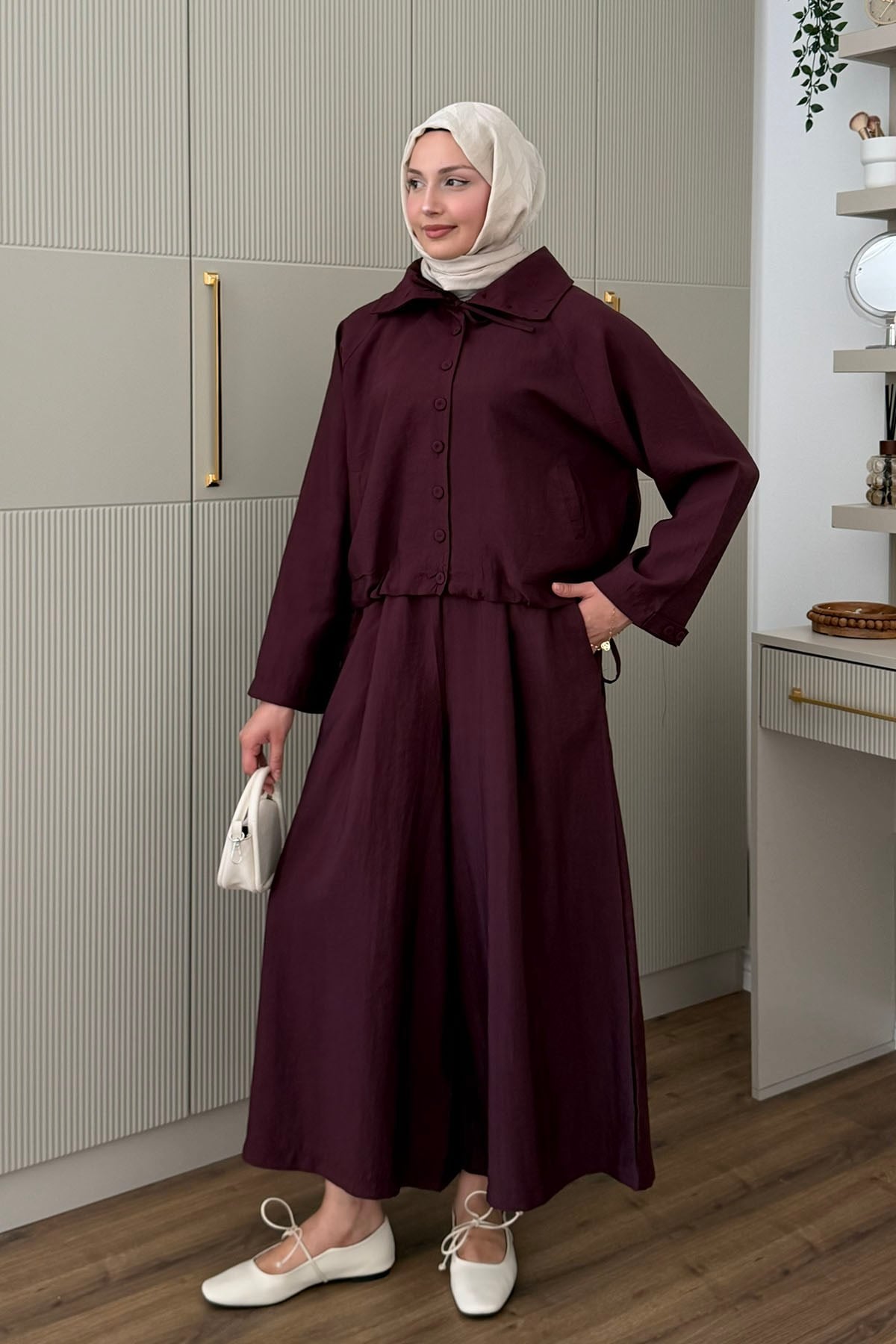 Dik Yaka Düğmeli Oversize Pantolonlu Tesettür Takım-BORDO
