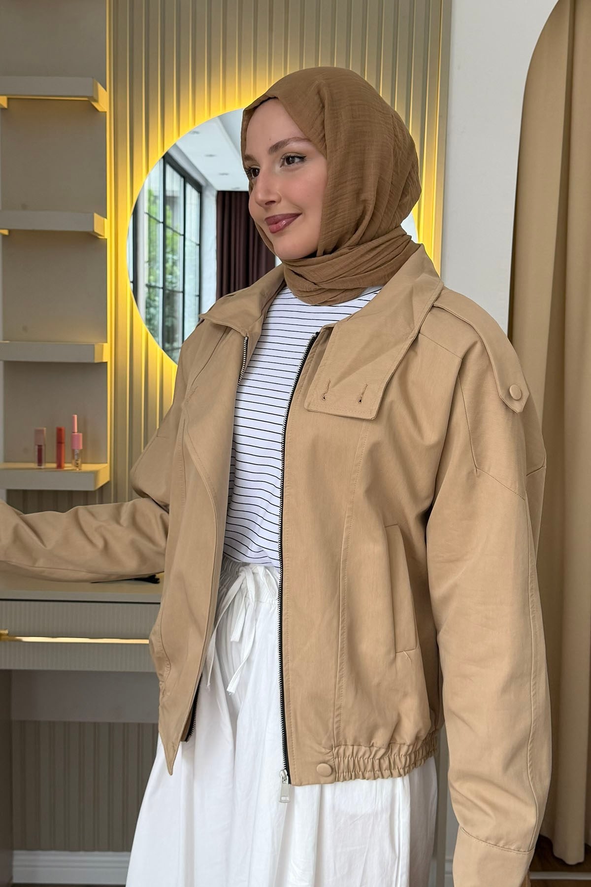 Dik Yaka Fermuarlı Altı Lastikli Bomber Trençkot-CAMEL