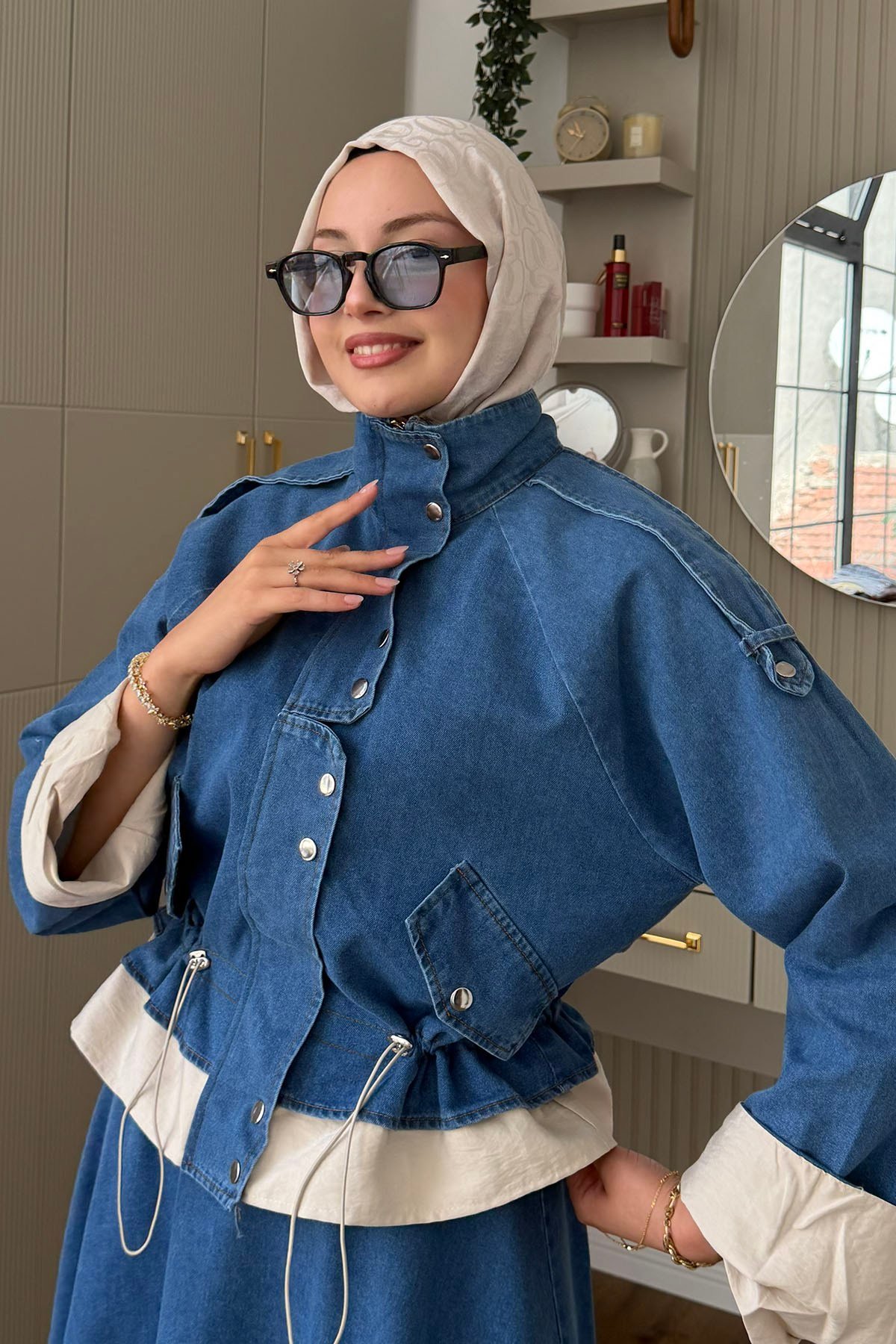 Dik Yaka Garnili Fermuarlı Denim Ceket Etek Takım-AÇIK MAVİ
