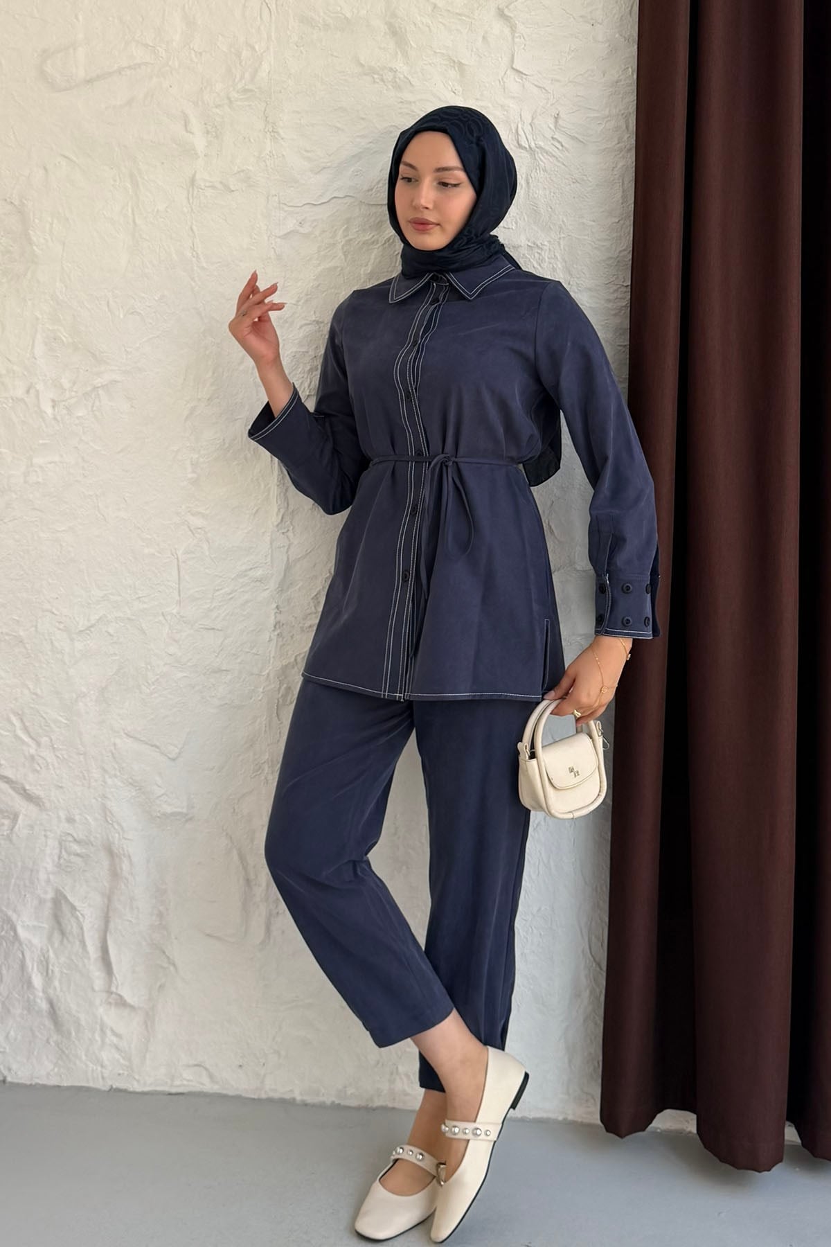 Dikiş Detaylı Gömlek Pantolon Tesettür Takım-LACİVERT