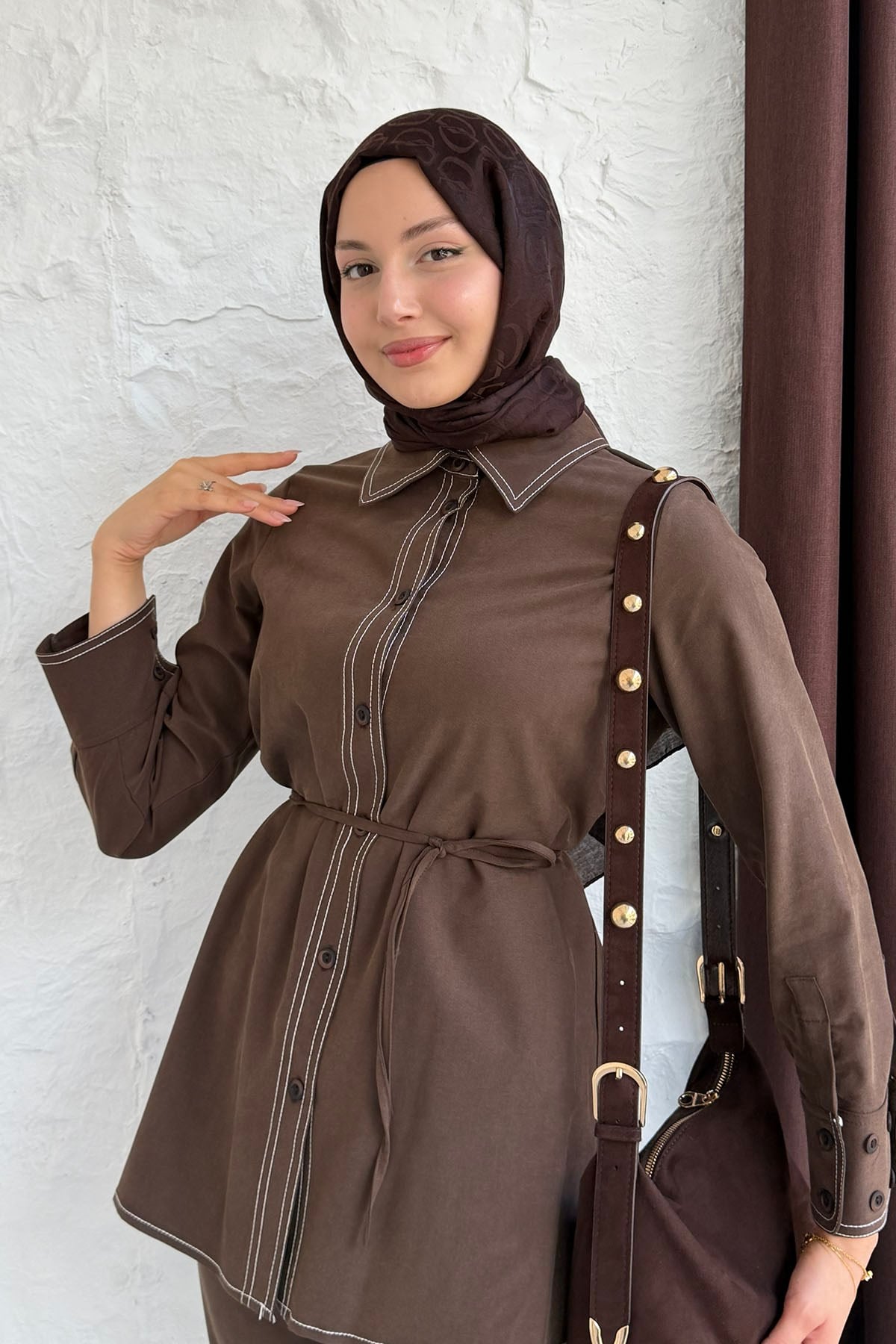 Dikiş Detaylı Gömlek Pantolon Tesettür Takım-KAHVERENGİ